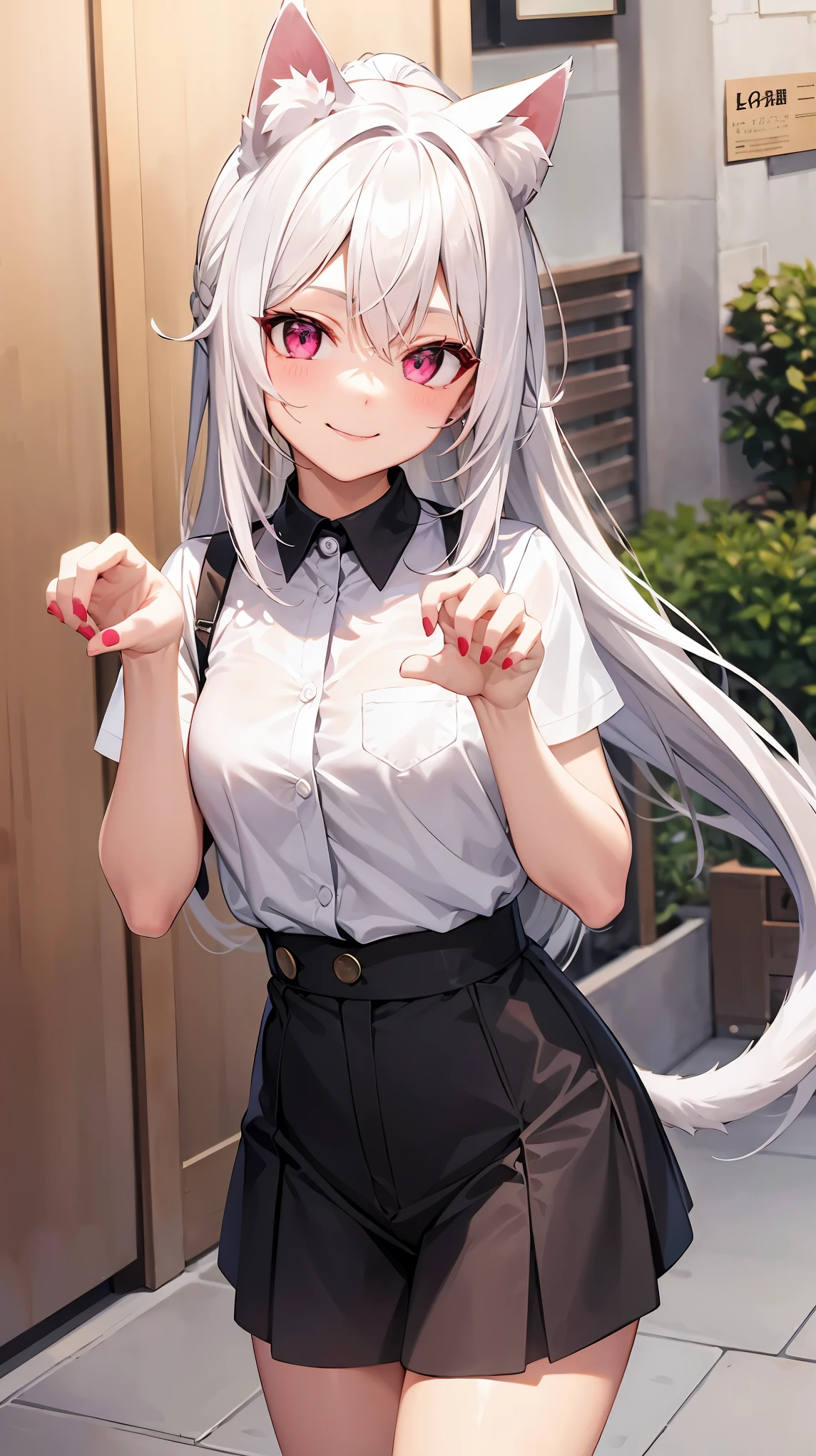 catgirl, cat tail, cat ears, white hair, long hair, ponytail, pink eyes, cute, smile, hands up, paws, neko pose, short sleeves