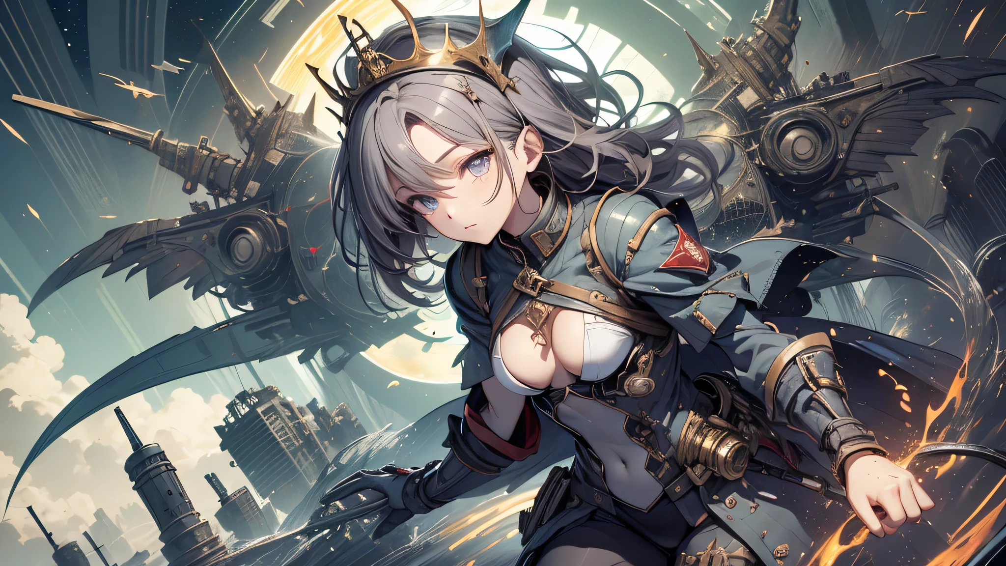 最high quality、best image quality、masterpiece、age girl((18-year-old、 By becoming、vest bust、medium bust,wide open breast tea、black eye, gray hAria、long hAria、thin,highest valley、Black Battlesuit、white arm parts、white leg parts、Holding a big sword、Glowing red wings,Aria、splatters、fighting pose)),high quality、beautiful art、background((outer space、battlefield、splattersing beams、military base))瓦礫がsplatters、Depth of written boundary、movie、visual art、perfect art、8K,genuine