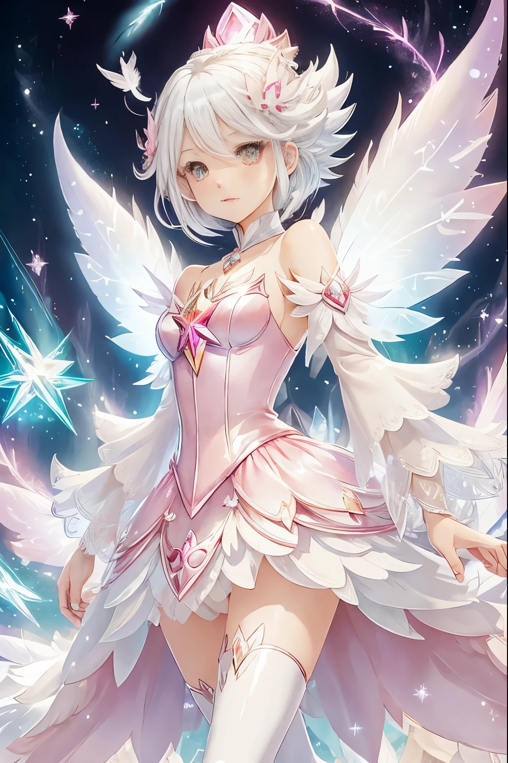 The white-haired fairy wears a pink transparent dress with diamonds、Yu-Gi-Oh，Magical girl，magical world，Feathers are flying all over the sky，Lightning background（（（masterpiece）））， （（best quality））， （（intricate details））， （（dream style））（8k）