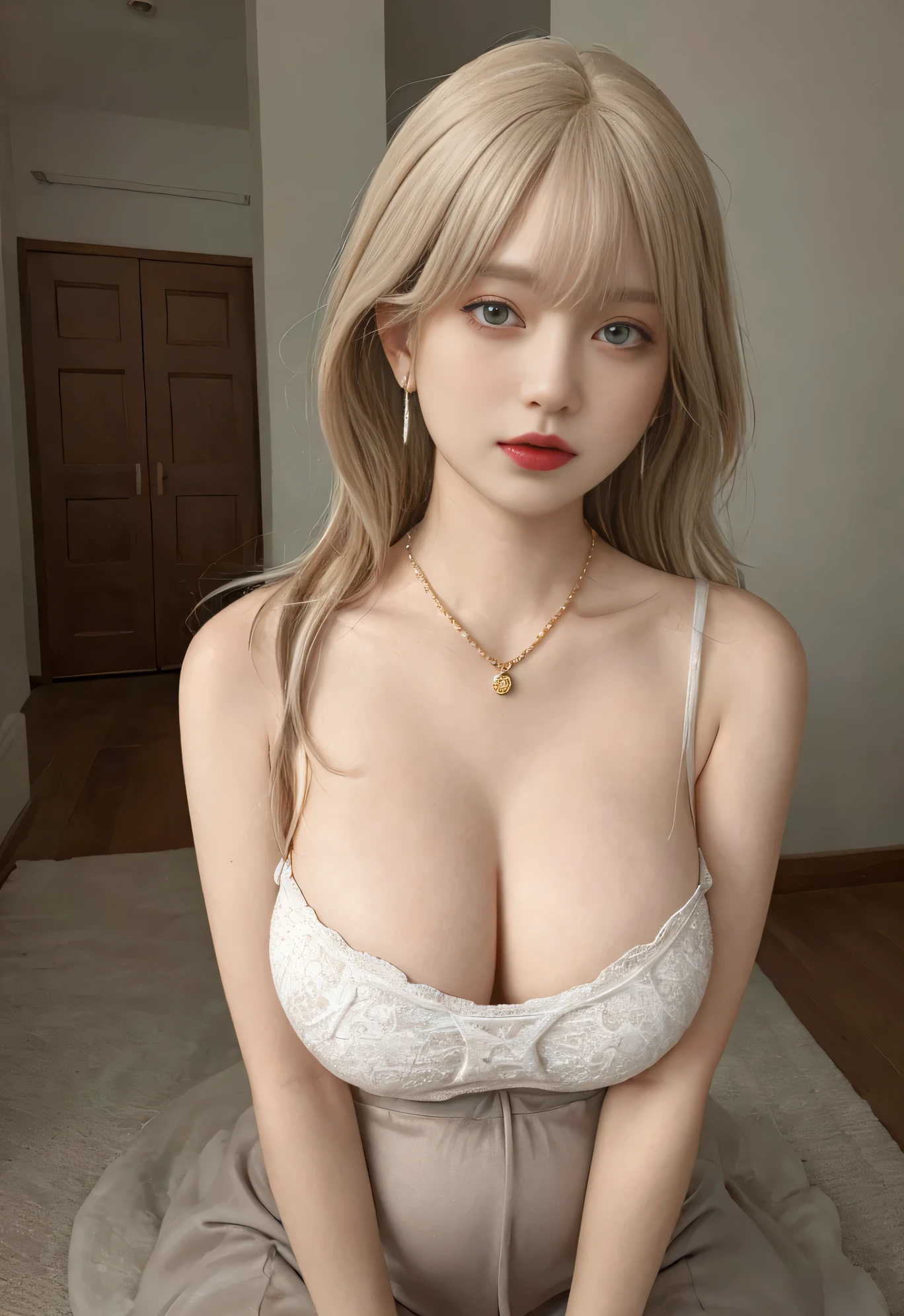 Miss((30 years old)), hair((light color, wavy)), Eye((Big deal Eye, hazel Eye)), clothing((silk, take off shoulders, Like a flower)), Accessories (( Diamond necklace, earrings)), Big deal , 巨Big deal乳房, Nordic beauty，middle aged，Mature，Dull yellow skin，European and American makeup, inside this house ((hall)),, ponytail, red lips, pregnant,Deep V-neck，low cut，droopy bosom，巨Big deal乳房，burmese dress，Floral skirt，Upper chest，thick lips，duck mouth