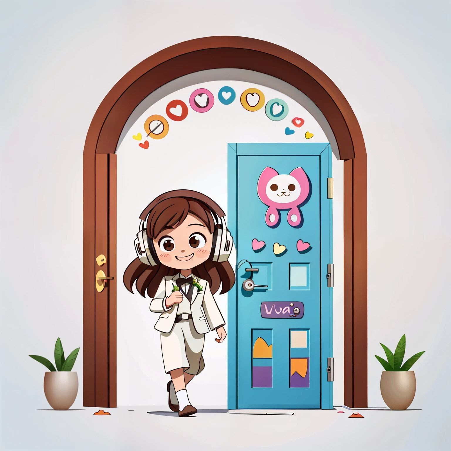 Girl with long brown hair，Wearing a white wedding suit，（listen to music），（聆listen to music），enjoy music，walk into a door，open a door，Open the door and go in（There is love）happy，Surrounded by love，Surrounded by love，O sign，vector，line art，design，inspiration，straight line，RHAD