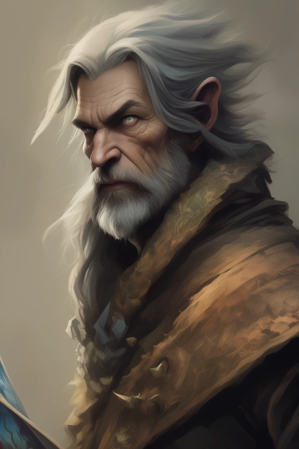 High Angle detailed ((dnd druid man portrait)), Continued , HD, (oil painting:1.1), (comic book art style:1.5),(inked outline:1.3), Stunning, Character, Portrait, (((Looking Sideways))), angular features, (dark grey Graduated Bob Hair), (muted natural colors:1.3) in painterly style by Jean Baptiste Monge