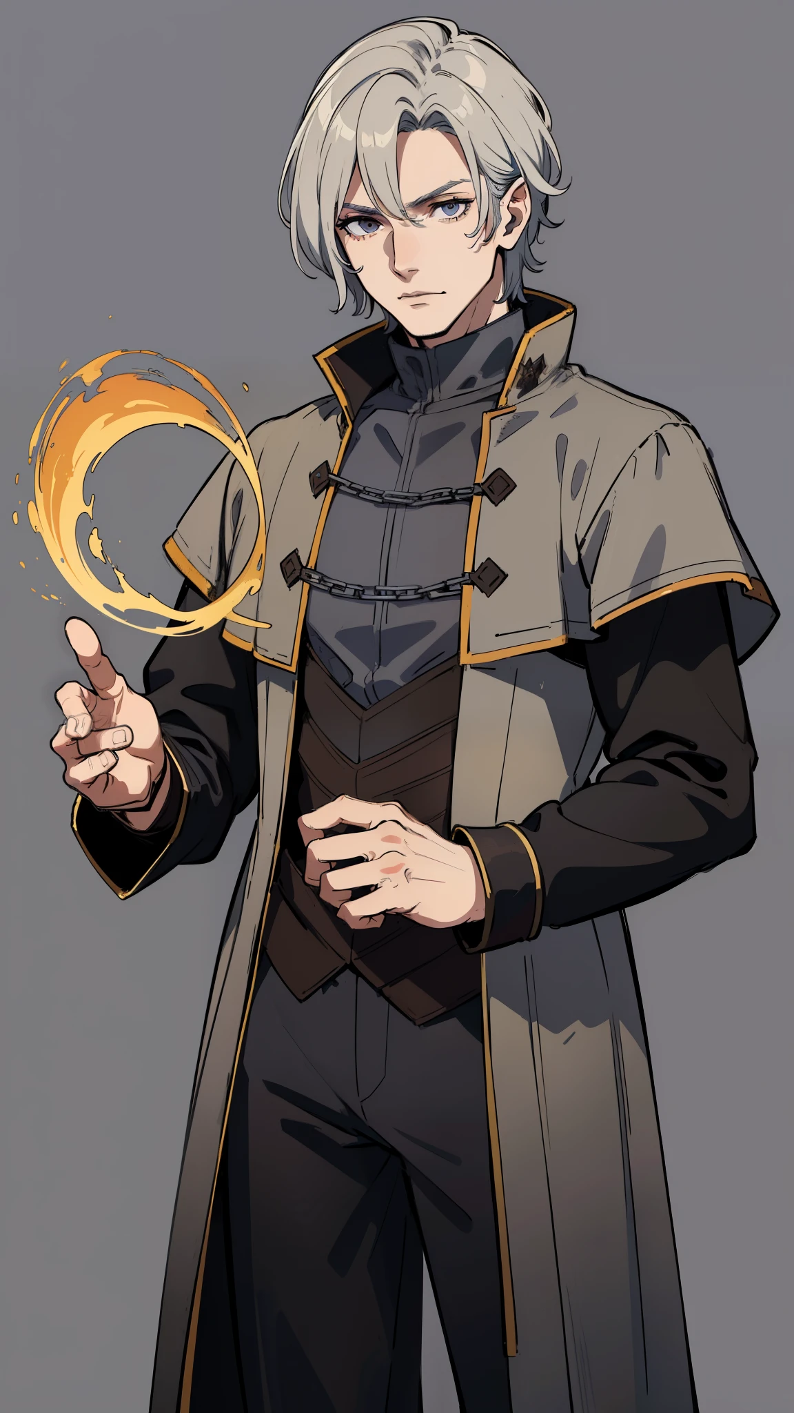 masterpiece, detailed, character, dungeons and dragons character, 1man, human male, ((human Sorcerer, human arcane mage)), (draconic magic), long braded grey hair, handsome face, detailed face, detailed eyes, black eyes, ((holding unformed magic energy made of fire in hands:1)), (wearing (medieval handsome fantasy cloth apparels, (medieval noble suit, medieval pants, medieval coat), (medieval Sorcerer fantasy outfit)), ((simple background, grey color background))