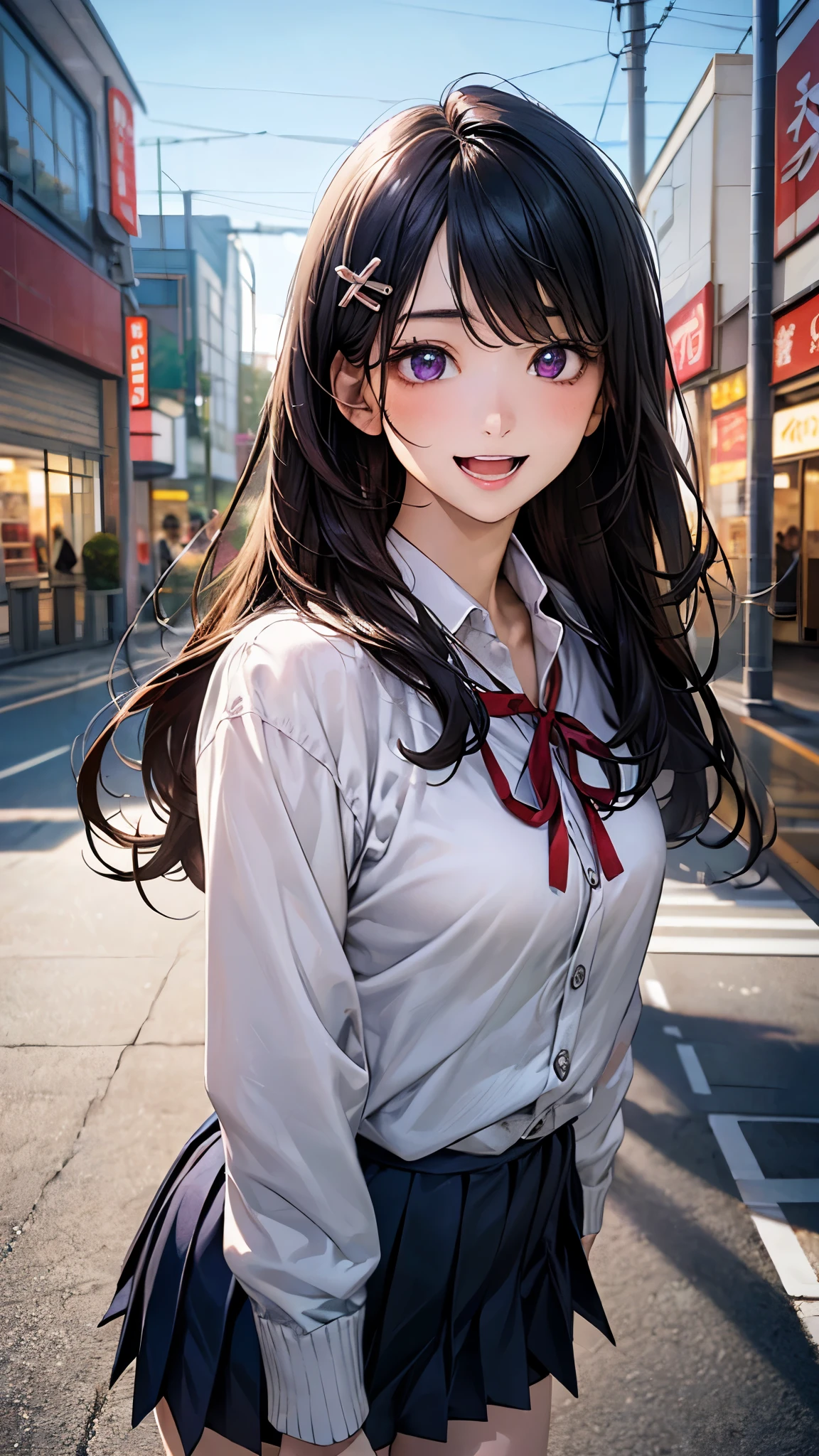 (masterpiece:1.2, top-quality), (realistic, photorealistic:1.4), beautiful illustration, (natural side lighting, movie lighting), , 
(looking at viewer), 1 girl, japanese, high school girl, perfect face, cute and symmetrical face, shiny skin, skinny, 
(long hair, straight hair, black hair), swept bangs, datk purple eyes, drooping eyes, long eye lasher, (large breasts:0.6), five fingers, hair ornament, 
beautiful hair, beautiful face, beautiful detailed eyes, beautiful clavicle, beautiful body, beautiful chest, beautiful thighs, beautiful legs, 
((symmetrical clothing, white collared shirts, navy pleated skirt, red neck ribbon)), light grey cardigan, navy socks, 
(beautiful scenery), day time, shopping mall, (lovely smile, upper eyes, open mouth, sexy pose), 