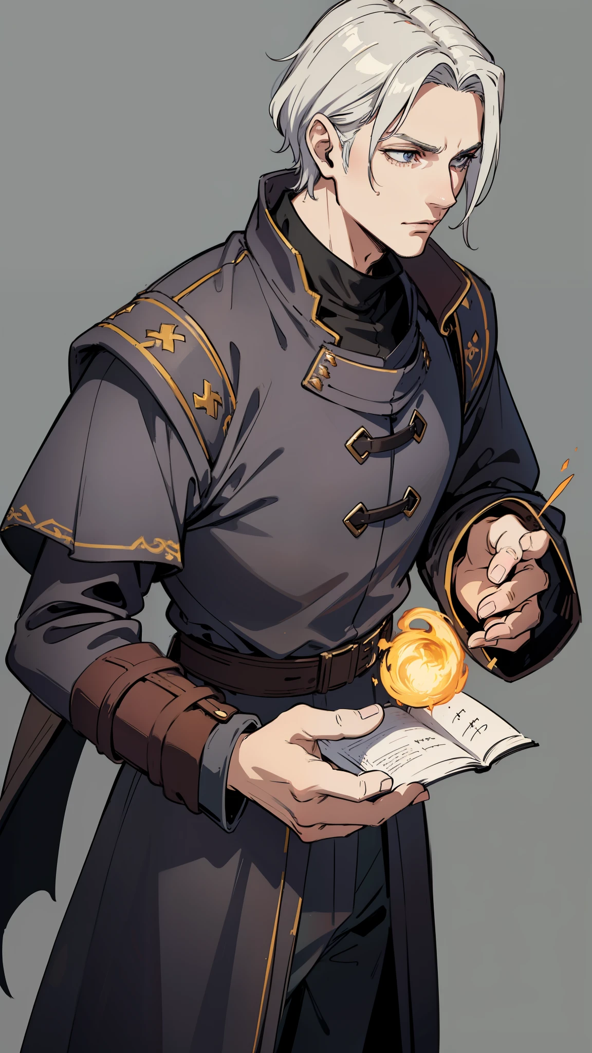 masterpiece, detailed, character, dungeons and dragons character, 1man, human male, ((human Sorcerer, human arcane mage)), (draconic magic), long braded grey hair, handsome face, detailed face, detailed eyes, black eyes, ((holding unformed magic energy made of fire in hands:1)), (wearing (medieval handsome fantasy cloth apparels, (medieval noble suit, medieval pants, medieval coat), (medieval Sorcerer fantasy outfit)), ((simple background, grey color background))