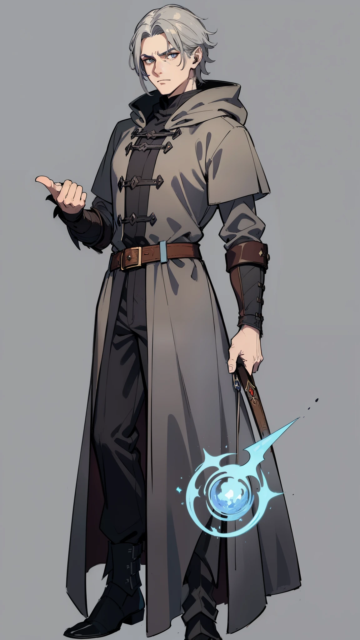 masterpiece, detailed, character, dungeons and dragons character, 1man, human male, ((human Sorcerer, human arcane mage)), (draconic magic), long braded grey hair, handsome face, detailed face, detailed eyes, black eyes, ((holding unformed magic energy made of fire in hands:1)), (wearing (medieval handsome fantasy cloth apparels, (medieval noble suit, medieval pants, medieval coat), (medieval Sorcerer fantasy outfit)), ((simple background, grey color background))
