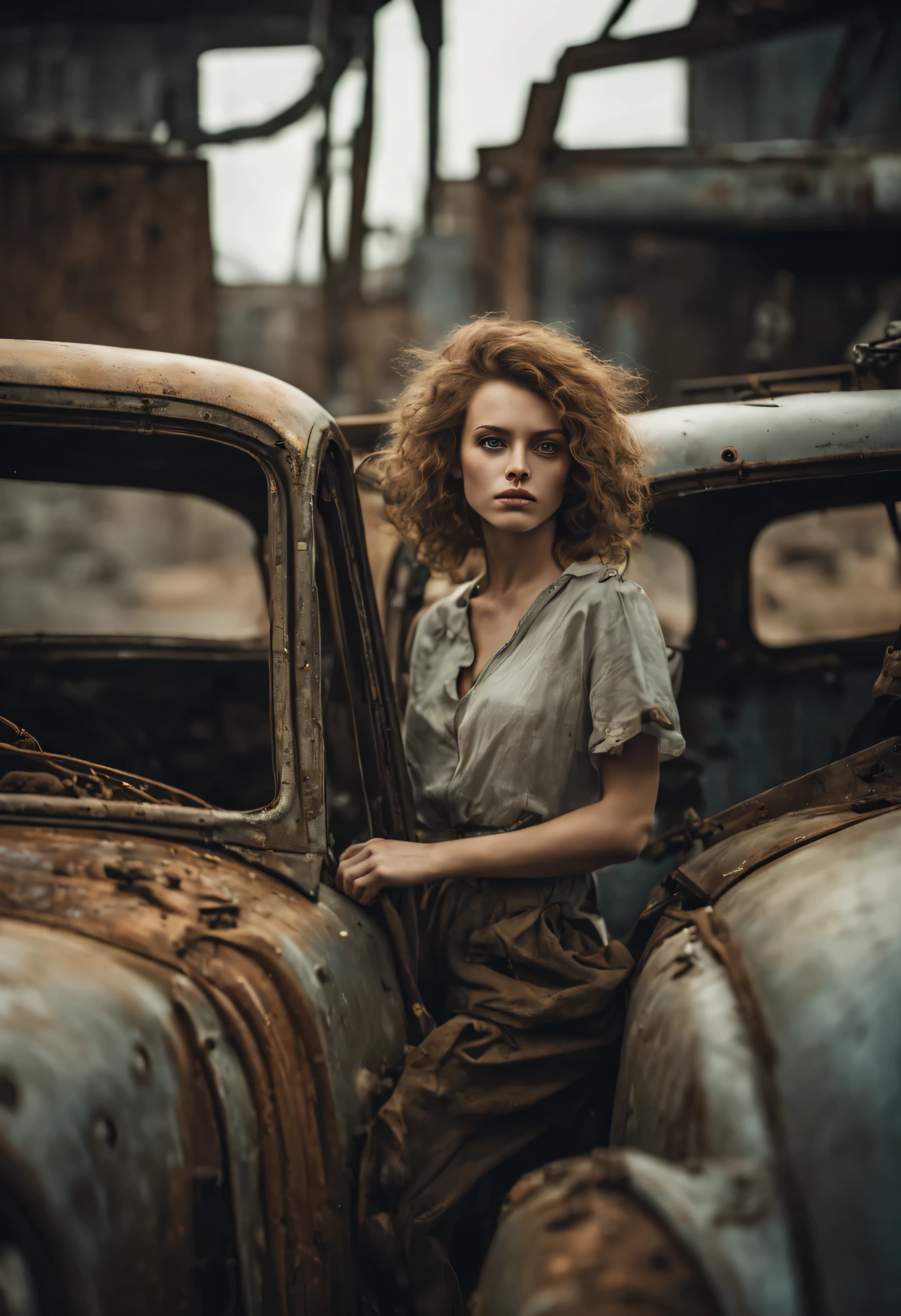 In the midst of a busy day, the young female finds a moment of peace in junkyard, old rusty cars, mechanics, oily, quality, shelter, rusty, cogs, heavy smog, aerial perspective, vapor, abandoned, buggy, delerict, conceptual hyperaesthetic dramatic ambience. Her curly hair frames her face, drawing attention to her striking gray eyes. Her pale skin, with its intricate texture, adds depth and character to her aesthetic. As she savors the moment, she radiates a quiet confidence and contentment.