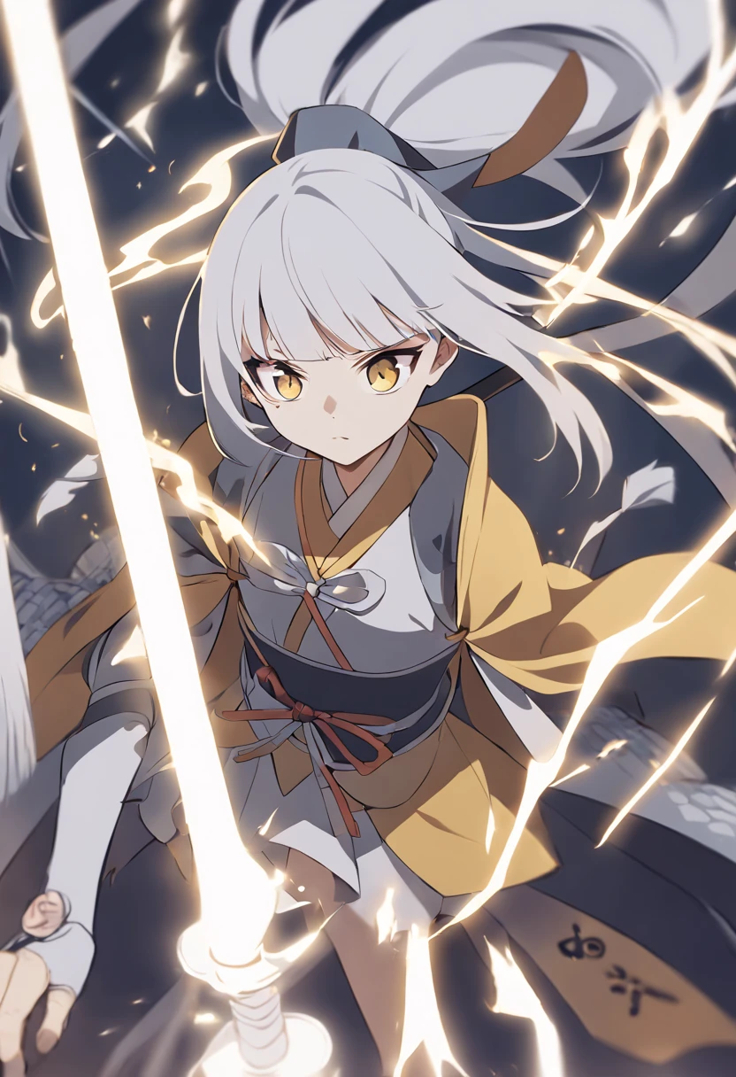 1girl,white hair,blunt bangs,yellow eyes,ponytail,intense gaze,expressionless,The whole body is shown,(samurai),gray magical girl,accurate sword,exact limbs,Sparks are flying,