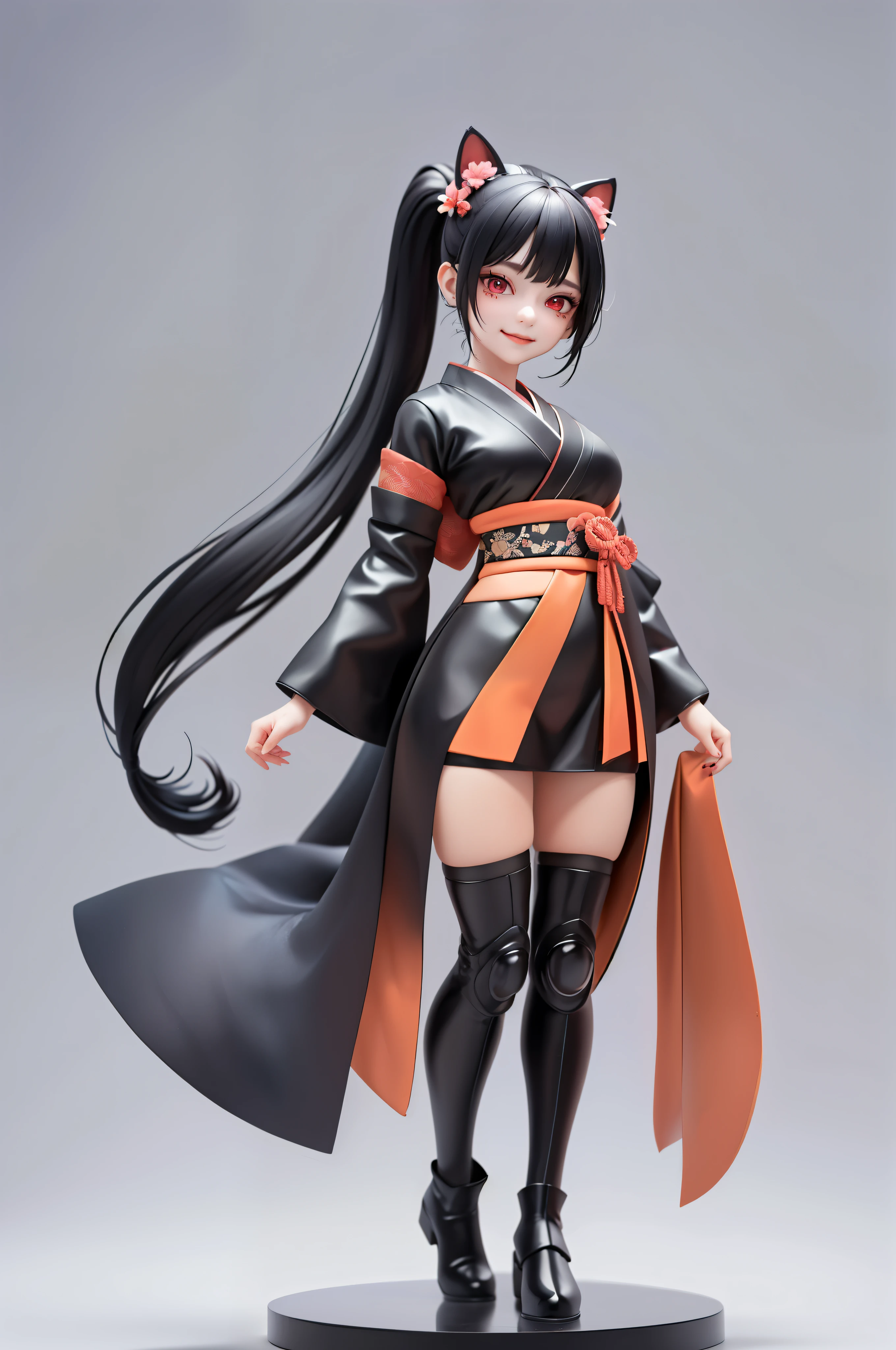 (masterpiece)、(top-quality)、(ultra-detailer)、(full bodyesbian)、(Anatomically correct)、 1人、black hair, black cat ears, straight high pony tail, split fringe, smile, black kimono、no helmet, (beautifull detailed face)、(beautiful red eyes)、((full body view)), medium breast, grey background. black boots, single pony tail,