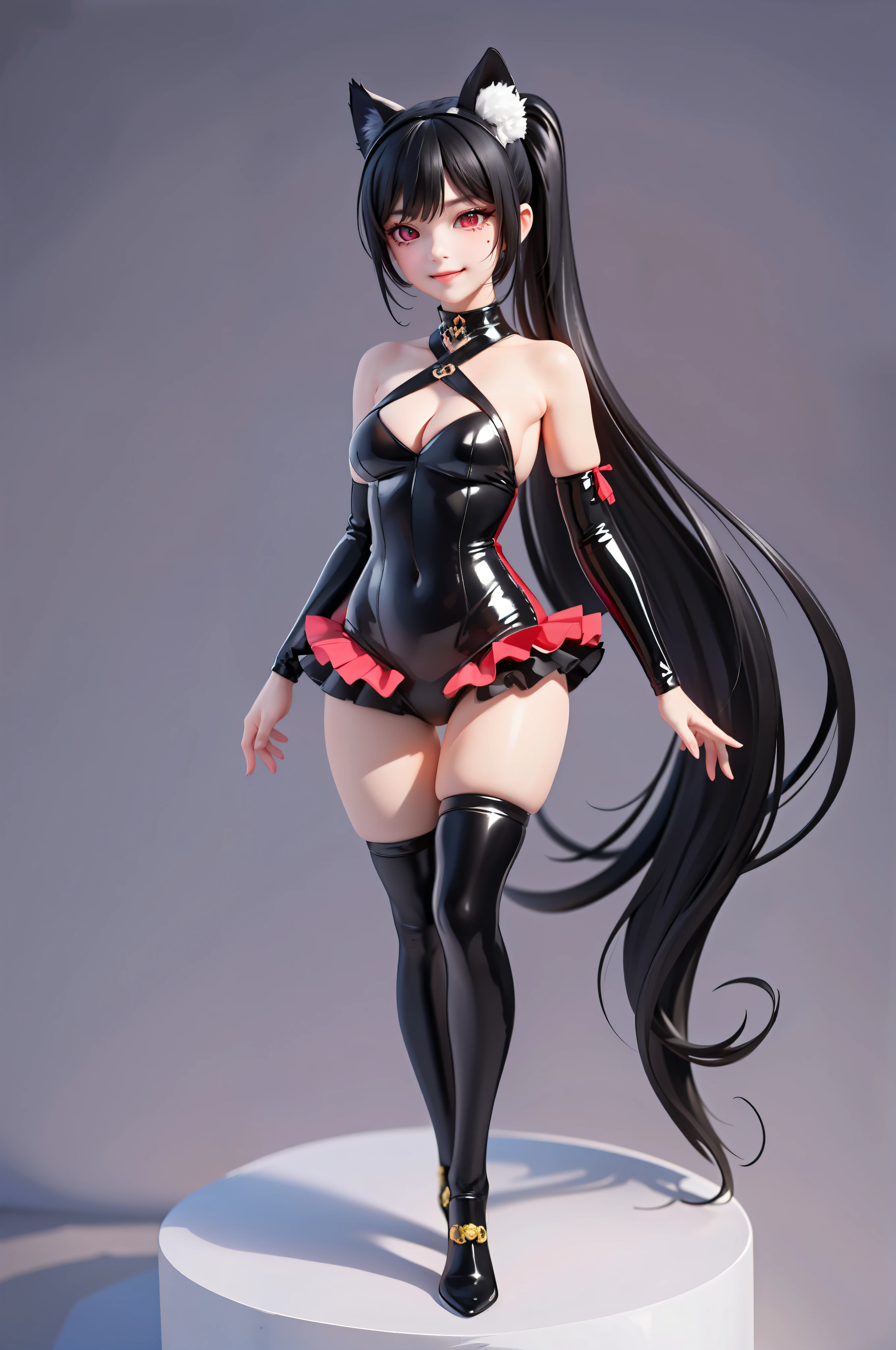 (masterpiece)、(top-quality)、(ultra-detailer) (Anatomically correct)、 1人、black hair, ((black cat ears)), straight high pony tail, split fringe, smile, black swimsuit、no helmet, (beautifull detailed face)、(beautiful red eyes)、((full body view)), medium breast, grey background. bare legs, bare arms, pedestal,