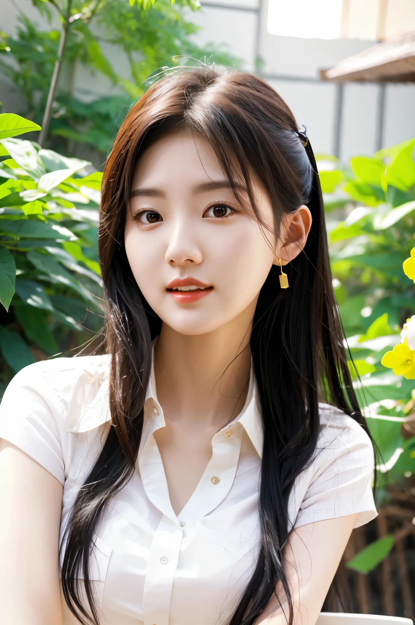 Close-up of a woman in a white blouse sitting on a chair, gorgeous young Korean woman, white clothes are very transparent, breasts and can be seen