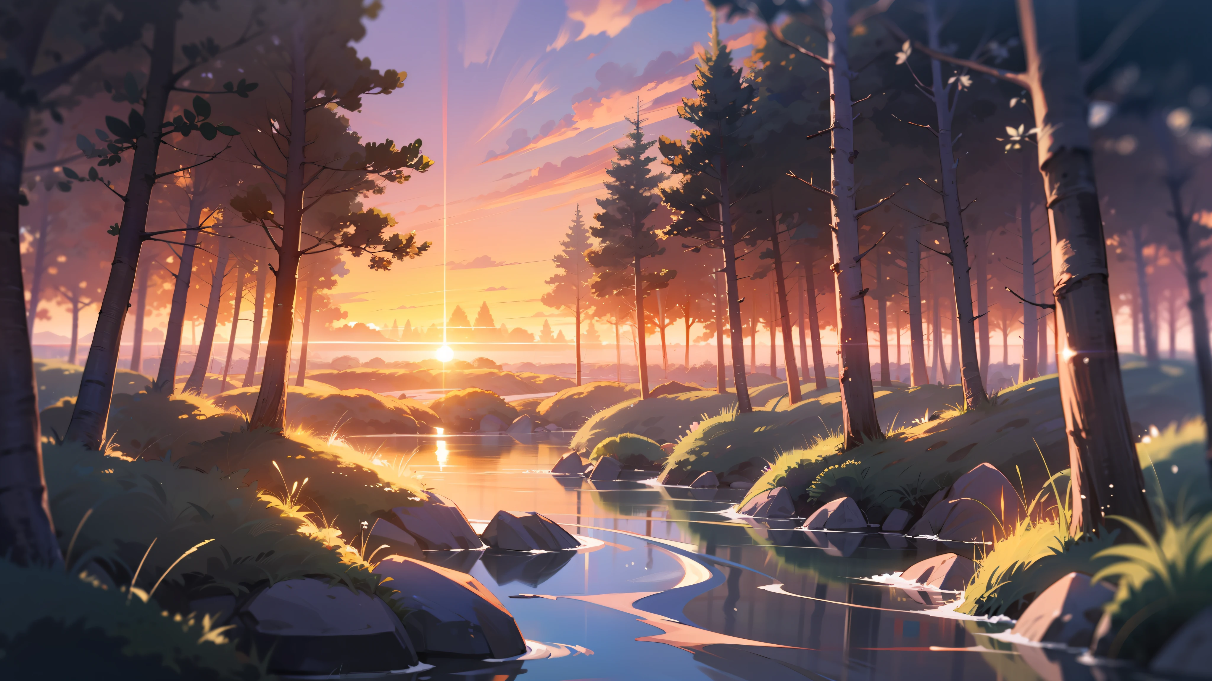 animation sea in the middle of calm forest in a beautiful sunset, high quality, 4k --auto --s2