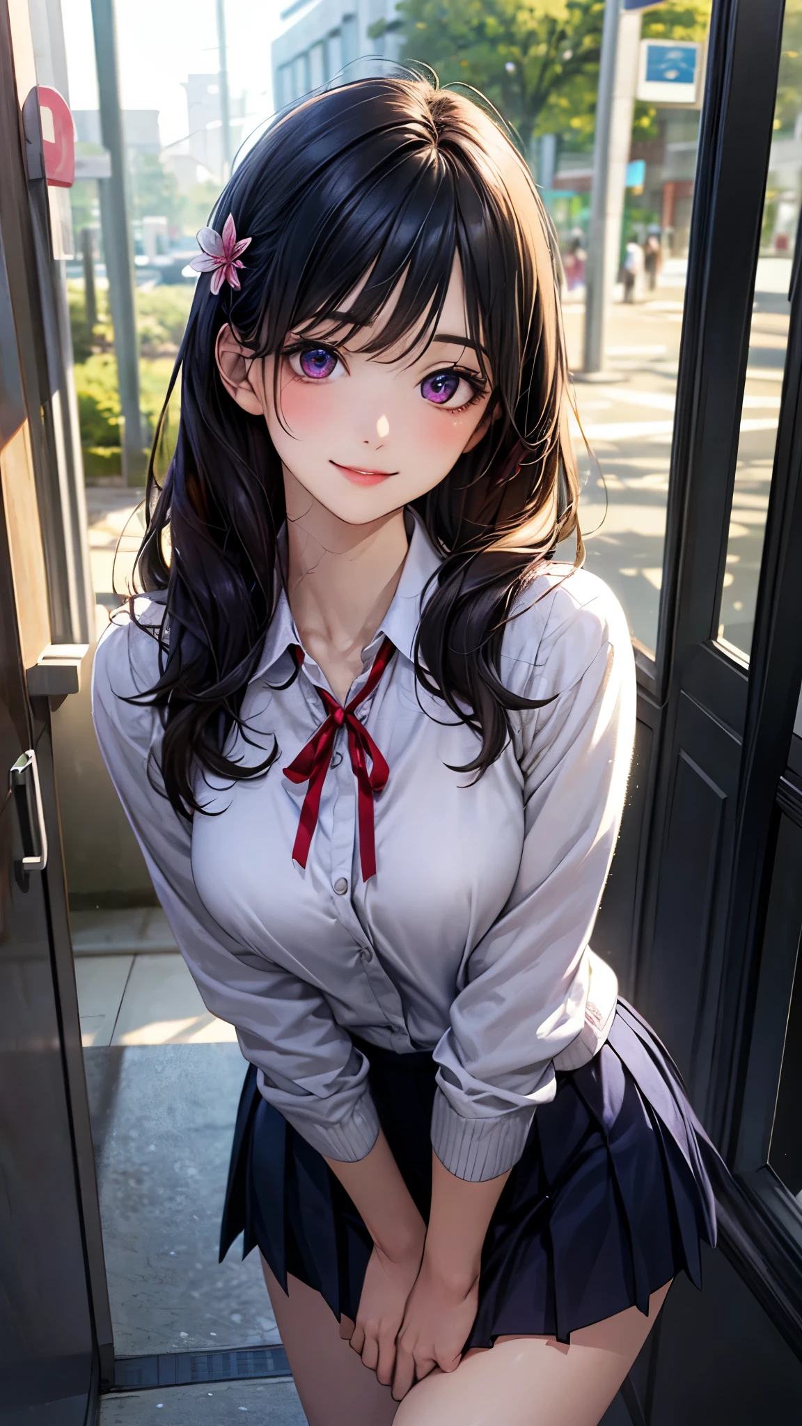 (masterpiece:1.2, top-quality), (realistic, photorealistic:1.4), beautiful illustration, (natural side lighting, movie lighting), , 
(looking at viewer), 1 girl, japanese, high school girl, perfect face, cute and symmetrical face, shiny skin, skinny, 
(long hair, straight hair, black hair), swept bangs, datk purple eyes, drooping eyes, long eye lasher, (large breasts:0.6), five fingers, flower hair ornament, 
beautiful hair, beautiful face, beautiful detailed eyes, beautiful clavicle, beautiful body, beautiful chest, beautiful thighs, beautiful legs, 
((symmetrical clothing, white collared shirts, navy pleated skirt, red neck ribbon)), light grey cardigan, navy socks, 
(beautiful scenery), day time, shopping mall, (lovely smile, upper eyes, sexy pose), 
