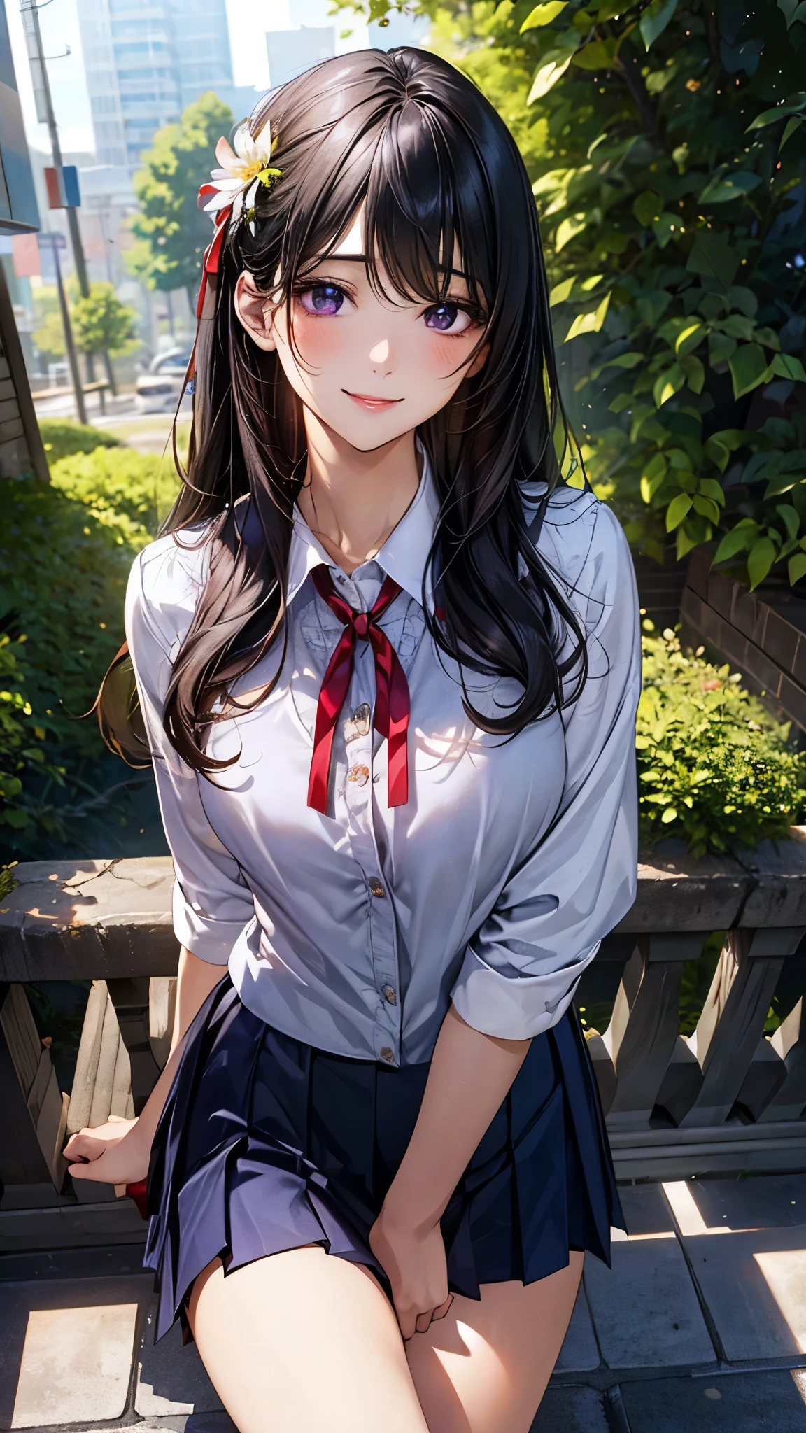 (masterpiece:1.2, top-quality), (realistic, photorealistic:1.4), beautiful illustration, (natural side lighting, movie lighting), , 
(looking at viewer), 1 girl, japanese, high school girl, perfect face, cute and symmetrical face, shiny skin, skinny, 
(long hair, straight hair, black hair), swept bangs, datk purple eyes, drooping eyes, long eye lasher, (large breasts:0.6), five fingers, flower hair ornament, 
beautiful hair, beautiful face, beautiful detailed eyes, beautiful clavicle, beautiful body, beautiful chest, beautiful thighs, beautiful legs, 
((symmetrical clothing, white collared shirts, navy pleated skirt, red neck ribbon)), light grey cardigan, navy socks, 
(beautiful scenery), day time, shopping mall, (lovely smile, upper eyes, sexy pose), 