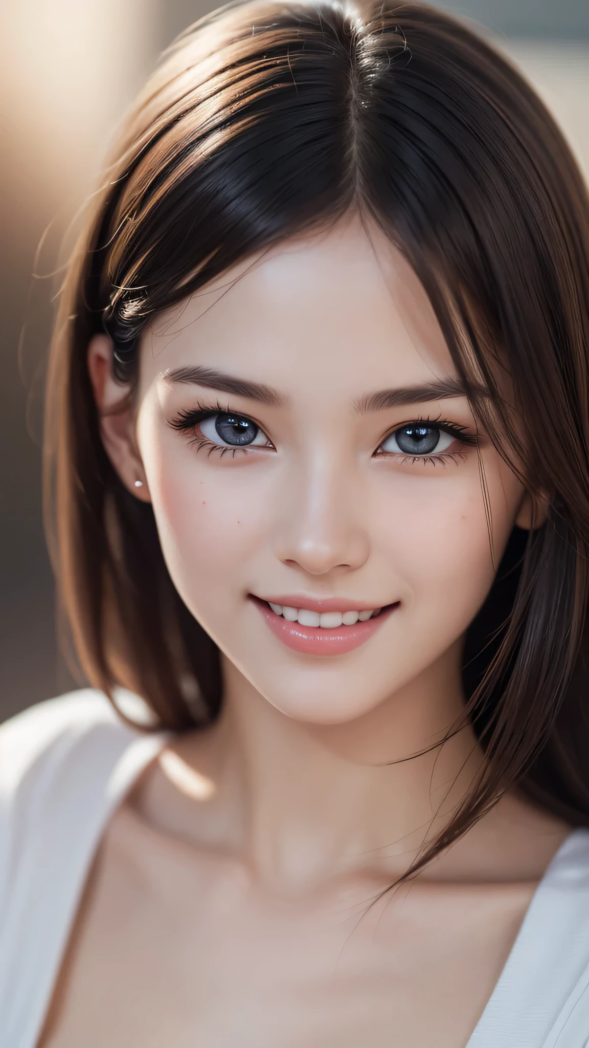(1girl), Solo, Extremely cute, Amazing face and eyes, (Beautiful lovely smile), (extremely detailed beautiful face), bright shiny lips, (Best Quality:1.4), (Ultra-detailed), (A hyper-realistic, Photorealsitic:1.37), Beautiful fair skin, extremely detailed CG unified 8k wallpaper, RAW Photos, professional photograpy, Cinematic lighting,