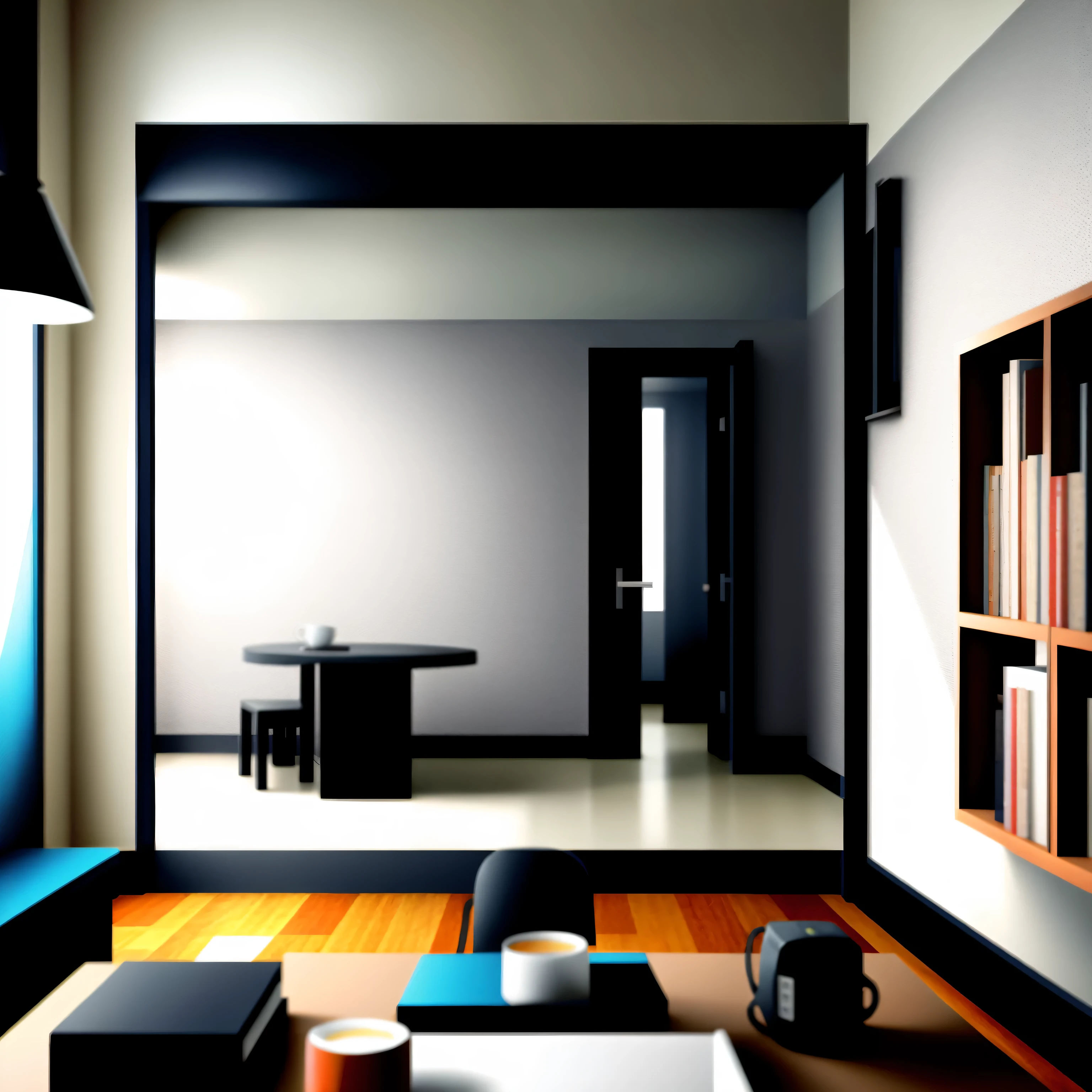 Podcast symmetrical minimalist small room., una mesa enorme en el centro, paredes negras, Estilo 2D, una biblioteca a un lado, some aesthetic paintings on the wall, Algunos paneles LED en la pared., alta calidad, detalles altos, ultrarrealista, una taza en la mesa, cartoon Estilo 2D, calidad 4k uhd.