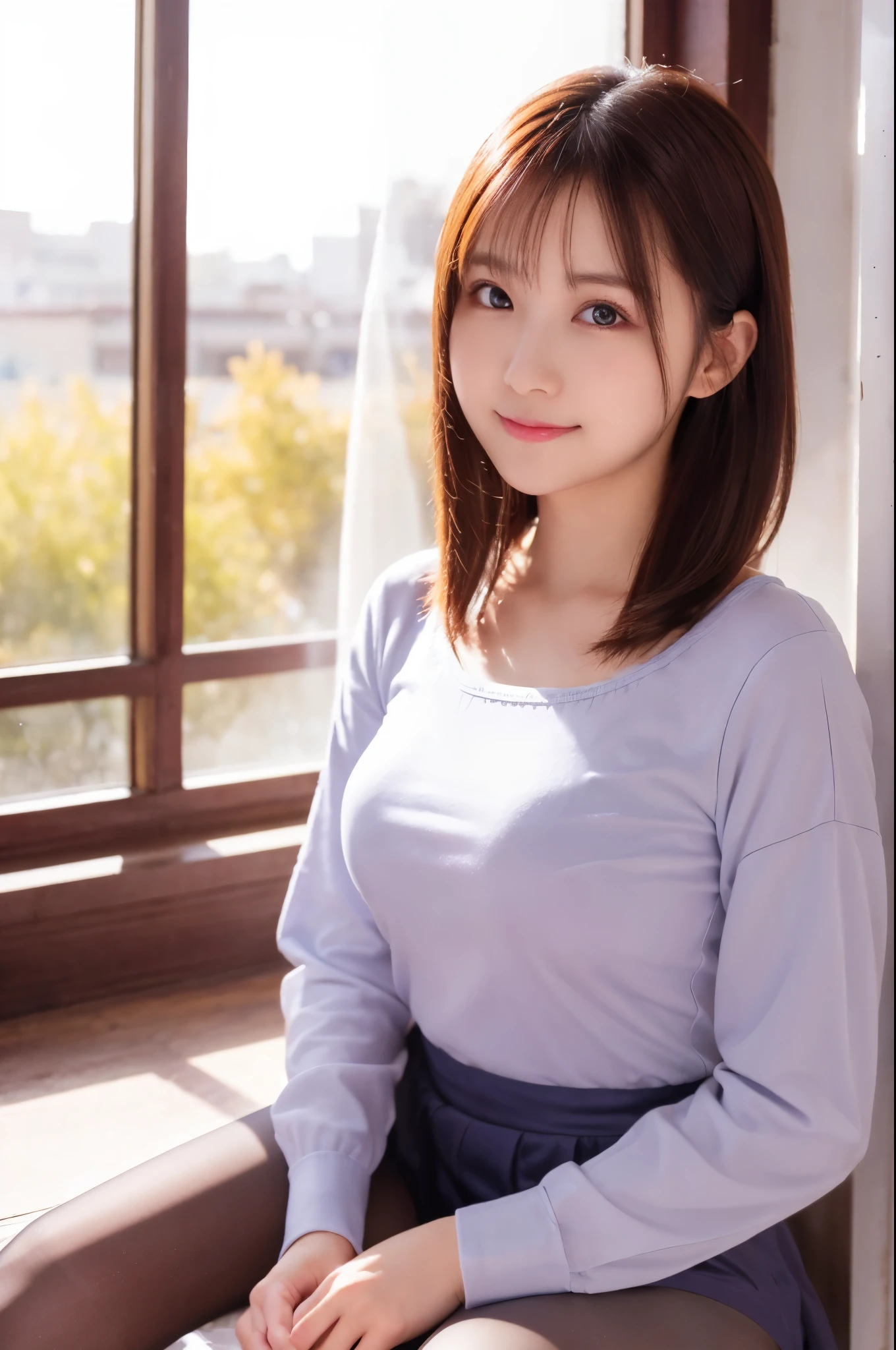 ulzzang-6500-v1.1, (RAW photo:1.2), (realistic), beautiful detailed girl, (genuine: 1.4), (()), muste piece, highest quality, beautiful girl, amazing beauty、curly hair, long hair, purple eyes, strapless blouse, long skirt, ( super realistic pantyhose:1.3),  smile of shame, Sitting on the windowsill、Full body Esbian、date, huge file size, High resolution, very detailed, highest quality, [masterpiece:1.6], enlightenment, very detailed, finely, highest quality, 8k wallpaper, movie lighting, 1 girl, 26 years old, perfect body shape, cute droopy eyes、beautiful big eyes、highest quality, 1 girl, (full body shot:1.2)、