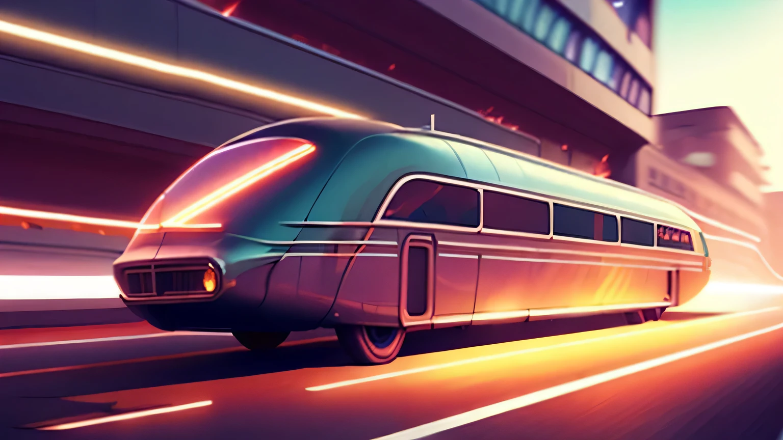 Futuristic, streamlined concept bus gliding through a city of neon lights in retro 1960s style, com ((light lanes on the right)) iluminando suas curvas elegantes.