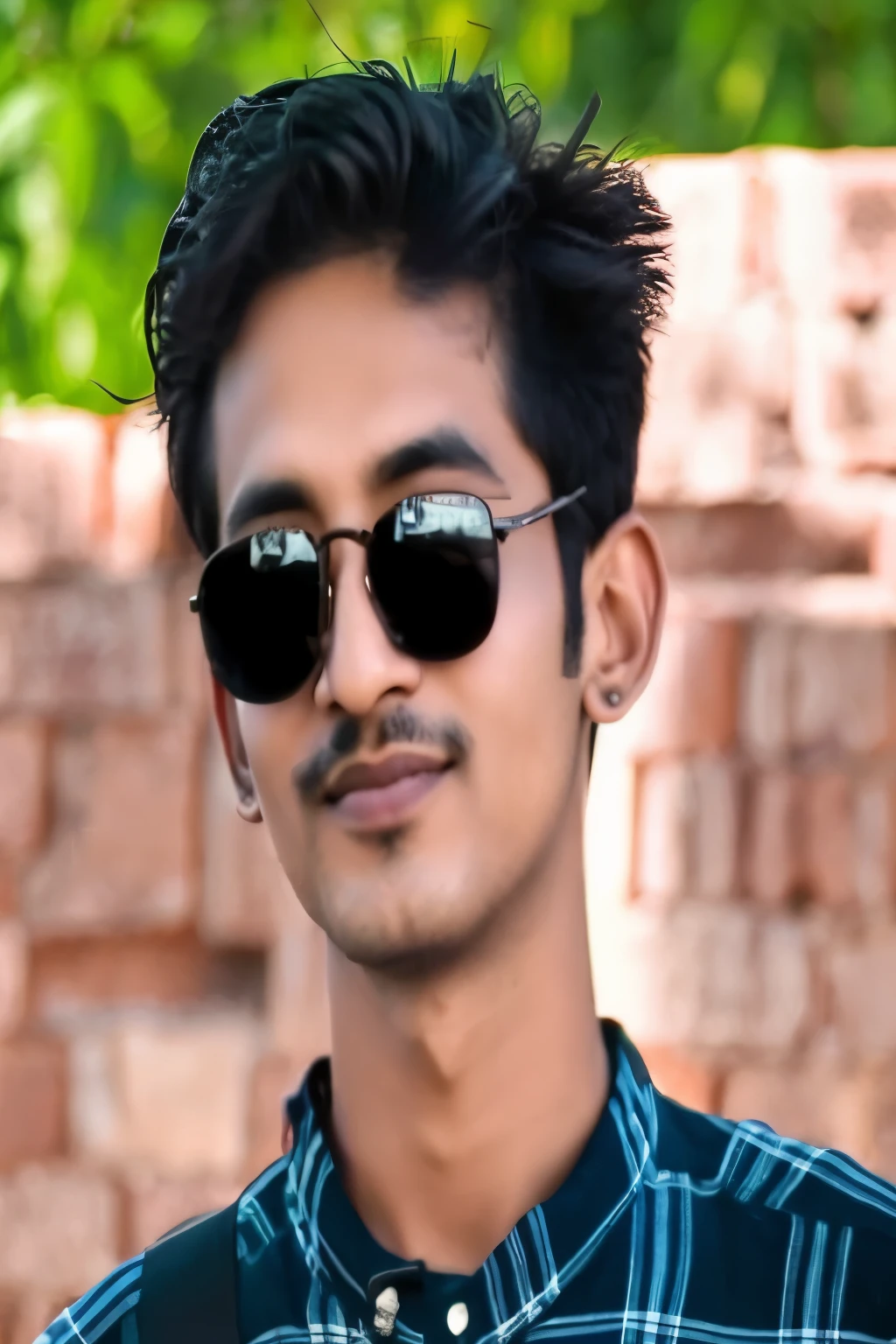 arafed man with sunglasses and a plaid shirt standing in front of a brick wall, jayison devadas, portait photo profile picture, jayison devadas style, with accurate face, facebook profile picture, inspired by Saurabh Jethani, inspired by Bikash Bhattacharjee, * colour splash *, ayan nag, candid picture, candid photo