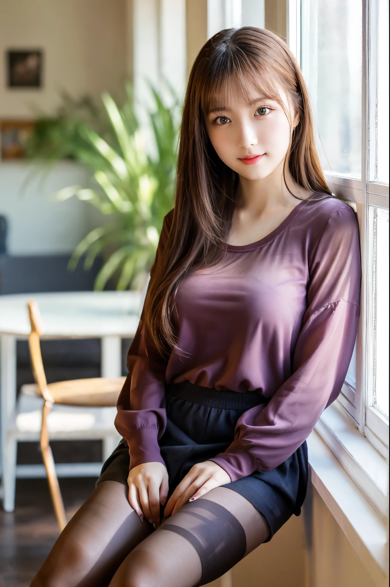 ulzzang-6500-v1.1, (RAW photo:1.2), (realistic), beautiful detailed girl, (genuine: 1.4), (()), muste piece, highest quality, beautiful girl, amazing beauty、curly hair, long hair, purple eyes, strapless blouse, long skirt, ( super realistic pantyhose:1.3),  smile of shame, Sitting on the windowsill、Full body Esbian、date, huge file size, High resolution, very detailed, highest quality, [masterpiece:1.6], enlightenment, very detailed, finely, highest quality, 8k wallpaper, movie lighting, 1 girl, 26 years old, perfect body shape, cute droopy eyes、beautiful big eyes、highest quality, 1 girl, (full body shot:1.4)、