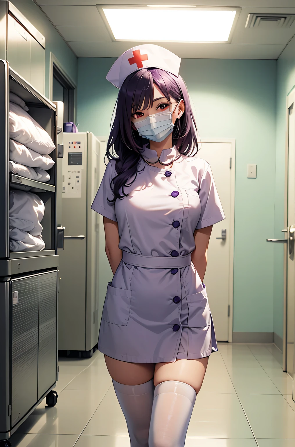 1 female, alone, nurse, nurse cap, Whiteware, ((white legwear, zettai ryouiki)), white gloves, long hair, purple hair, red eyes, ((White surgical mask, Covered nose)), Are standing, ((hospital room)), sharp outline, short sleeve, mature woman, 35 years old, highest quality, masterpiece