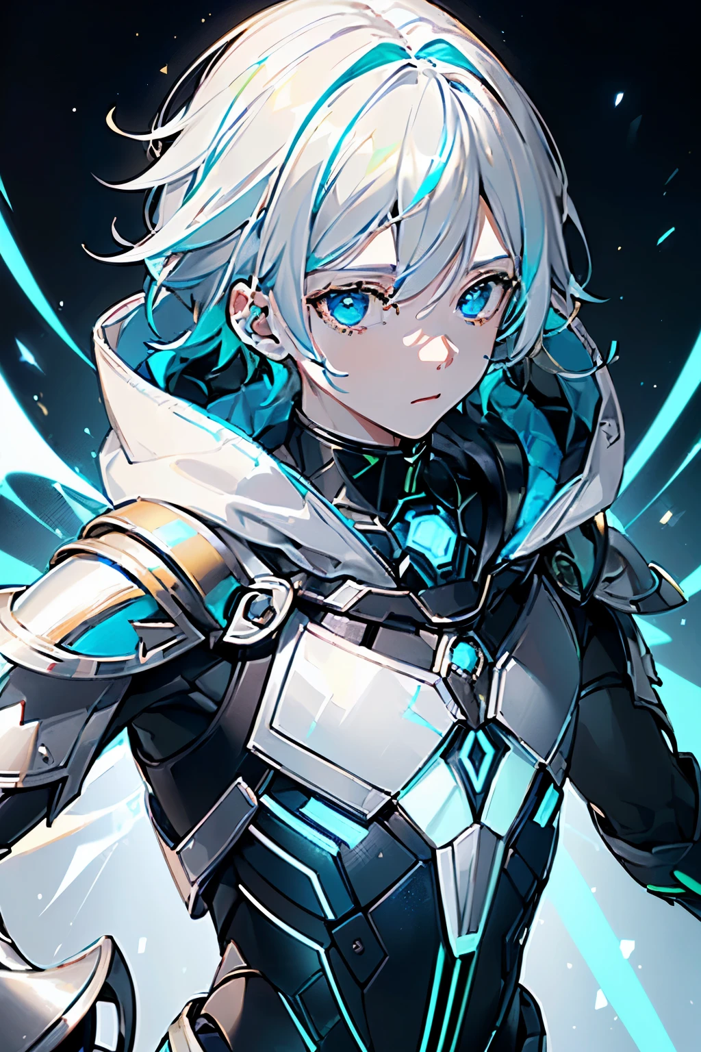1 boy, (((Albinism)))), silver eyes, ((Metallic light technology armor,blue and gold highlights, hood around neck, dark blue energy, Most colors are white, But a small part is dark blue,Highlights are neon green.