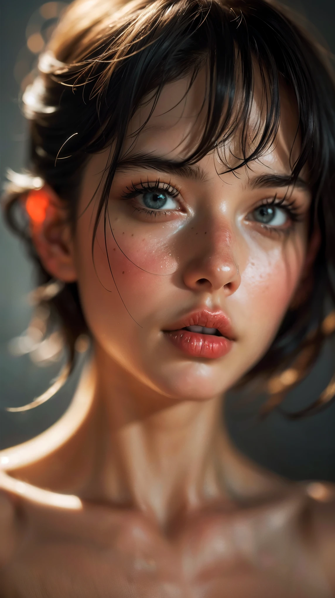 (((ultra realistic))) Photo, masterpiece, top quality, (pale skin), (Ultra detailed face and eyes:1.3), 1 girl, naked, (Eye makeup, mascara) , (large detailed lips), ((Dark hair)), ((double bangs)) , (Natural breasts). ((Posing)), photoshoot, studio (Contour lighting), (The play of light and shadows), depth of field, bokeh, (special attention to skin detail: 1.2), Detailed leather texture, skin pores. (Dark and gloomy atmosphere of the frame. color scheme - black, Gray, ash tones), ((Film grain, VHS effect)), ((rays)) , ((flare)), ((close to the camera, radial background blur)) , ultra detialed,