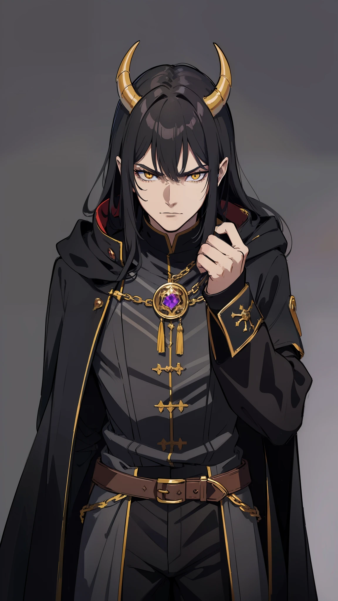masterpiece, detailed, character, dungeons and dragons character, 1man, human male, ((human Warlock, human demon mage)), (demonic magic), long black hair, handsome face, detailed face, detailed eyes, yellow glowing eyes, ((dragon pet, demon pet)), ((cast unformed magic energy made of hellire in hands:1)), (wearing (medieval evil fantasy cloth apparels, (medieval black noble suit, medieval pants, medieval coat), (medieval Sorcerer fantasy outfit)), ((simple background, grey color background))