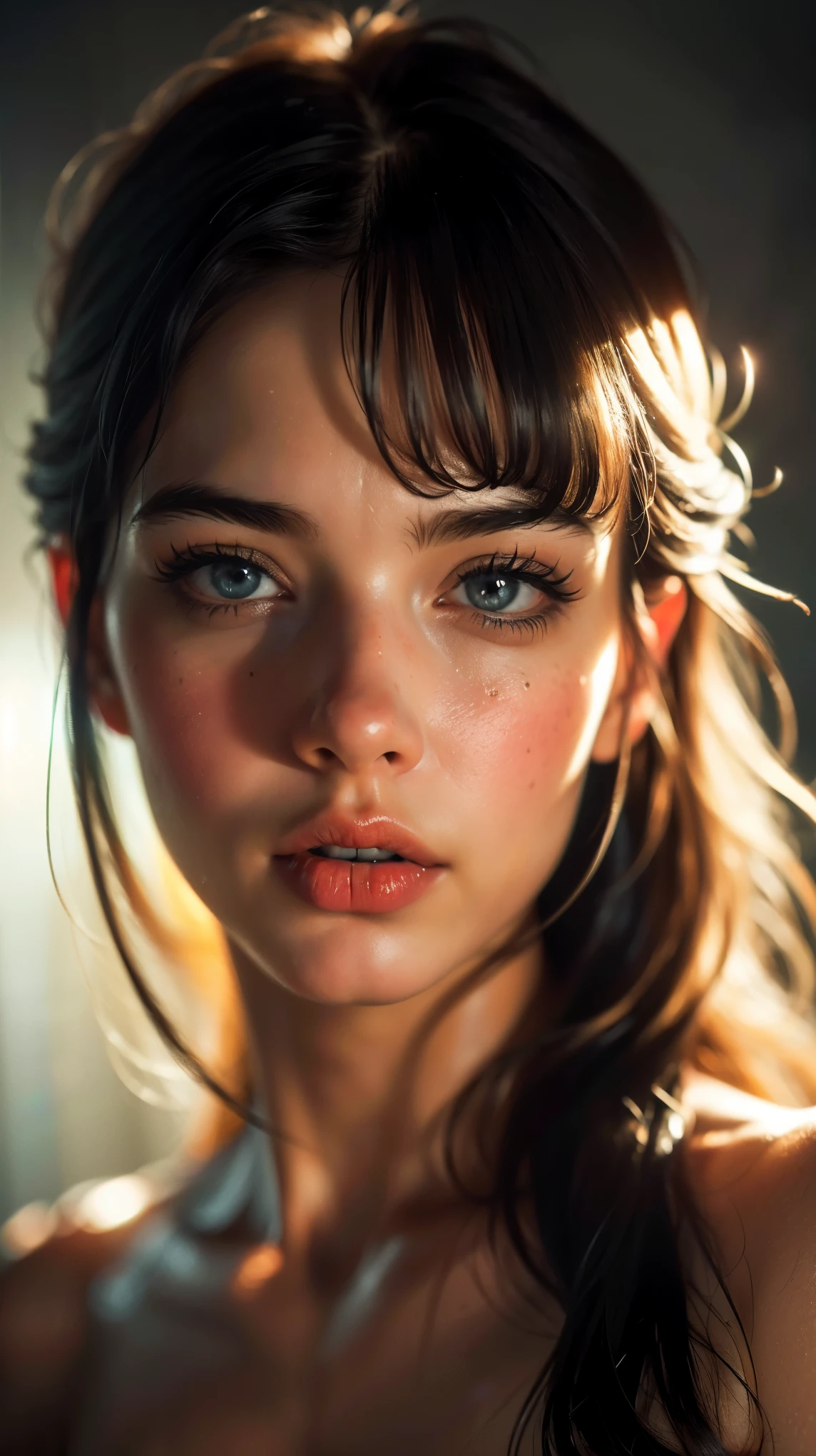 (((ultra realistic))) Photo, masterpiece, top quality, (pale skin), (Ultra detailed face and eyes:1.3), 1 girl, naked, (Eye makeup, mascara) , (large detailed lips), ((Dark hair)), ((double bangs)) , (Natural breasts). ((Posing)), photoshoot, studio (Contour lighting), (The play of light and shadows), depth of field, bokeh, (special attention to skin detail: 1.2), Detailed leather texture, skin pores. (Dark and gloomy atmosphere of the frame. color scheme - black, Gray, ash tones), ((Film grain, VHS effect)), ((rays)) , ((flare)), ((close to the camera, radial background blur)) , ultra detialed,