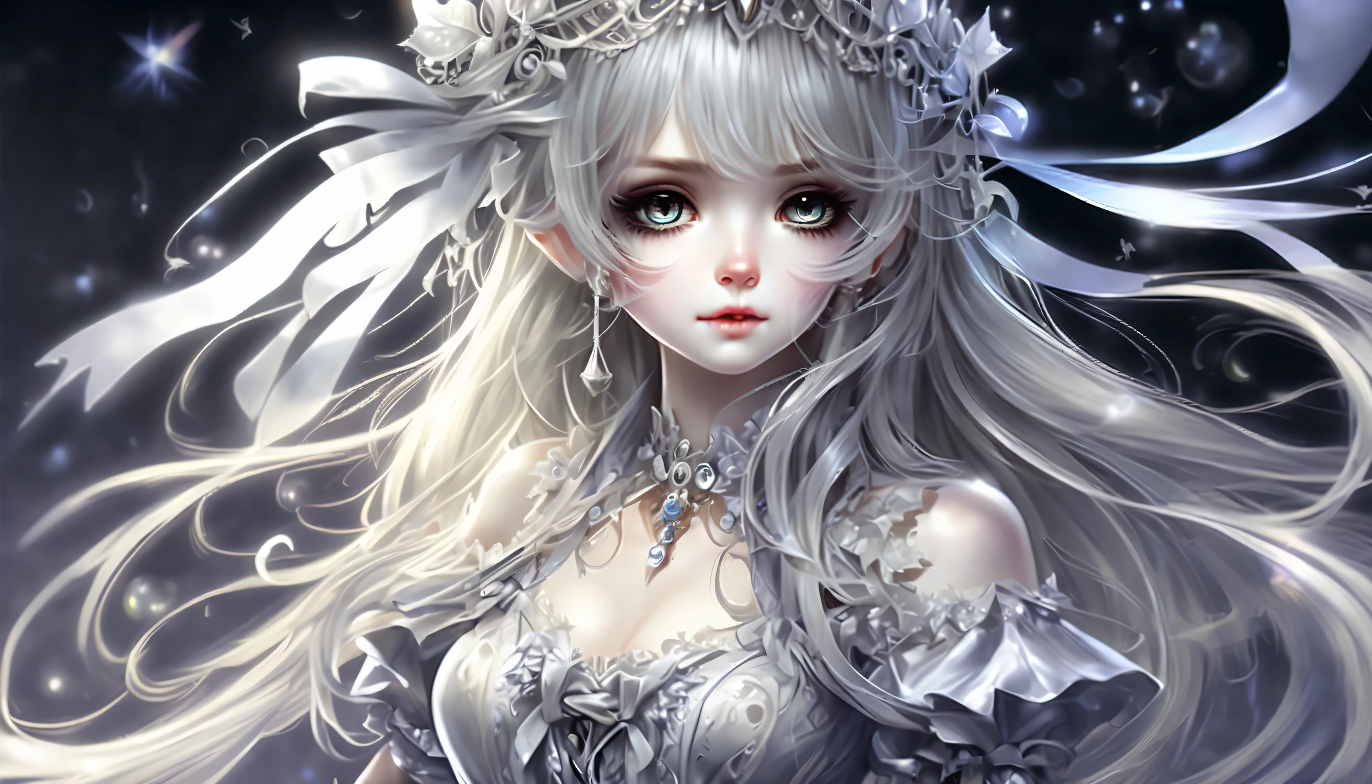 Dark fantasy magical girl coolness, Shaggy long hair with light gradation, Big eyes with beautiful details and a subtle sparkle, white cute ribbon, Beautiful detail face and hair, smooth and flawless Skin, Inspired by dark fantasy、Magical dress with intricate details, (((Raise an elaborately decorated wand with dark magic.:1.2))), Mysterious fog splash art around, bevel angle, realistic, intricate details, stunningly detailed brush strokes, Amazing beautiful sparkle background, (((high quality:1.3))), 最high quality, High resolution, Beautiful detail shine, 8K, Holographic 32K rendering, (Multi-touch illustration with delicate and precise brush strokes:1.1),