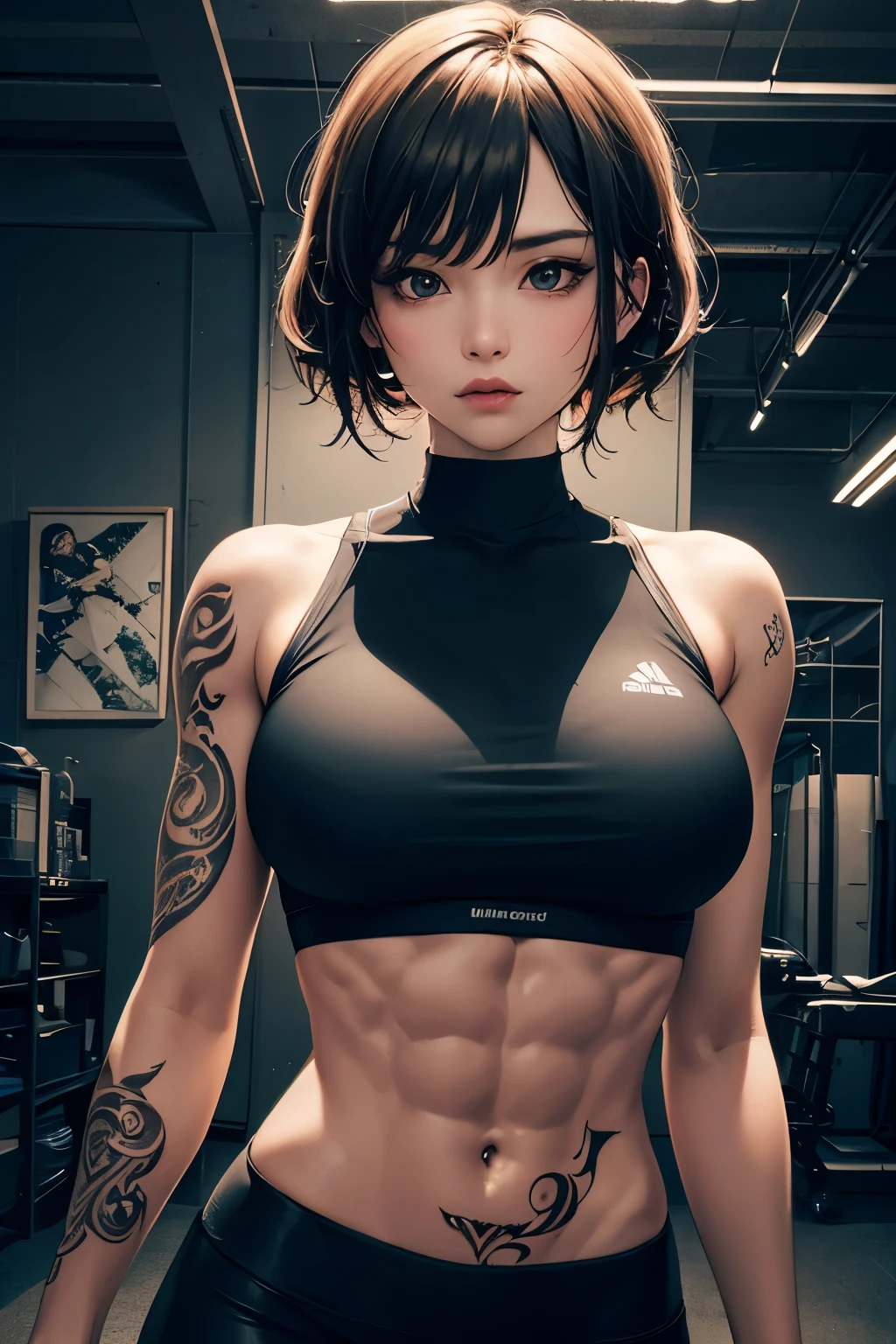(best quality) Detailed sportswear girl, wearing an intricate leggings and sports the abs, while the chest tattoo adds a cinematic touch to the scene amidst the ((black tattoo)), and cinematic lighting perfects the overall ambiance, highlights beautiful face,((art))