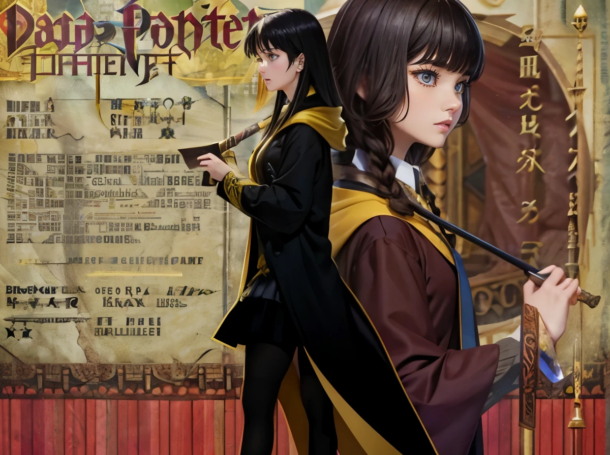 dark haired ukrainian woman、hufflepuff girl、hogwarts、Harry potter、black skirt、black robe with yellow lining、gray sweater、black and yellow tie、black loafers