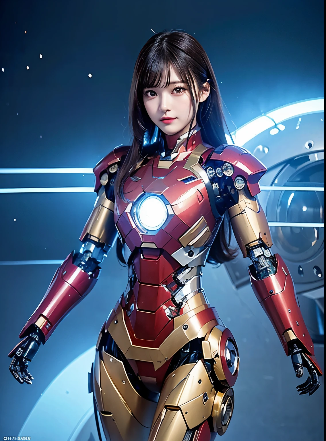 Super detailed, advanced details, high quality, 最high quality, High resolution, 1080P, hard disk, beautiful,(Iron Girl),beautifulサイボーグの女性,Mecha cyborg girl,battle mode,Mecha body girl,She wears an Iron Man mech,full body shot