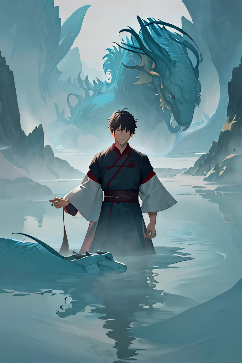 A boy, standing boldly on the edge of a tranquil water body, the gentle ripples spreading out as small splashes, suddenly finds himself in an extraordinary situation. Behind him, emerging from the mist-shrouded depths, is the imposing head of a Chinese dragon, its scales glistening under the ultra-high definition sunlight. The surreal scene is further enhanced by the ethereal mist that envelopes the girl, Yun Yue, who stands nearby, her figure obscured by the thick fog. The Chinese style illustration, with its intricate details, showcases the mythological monster in all its glory, its enormous body hidden in the mist, its eyes gleaming with ancient wisdom,