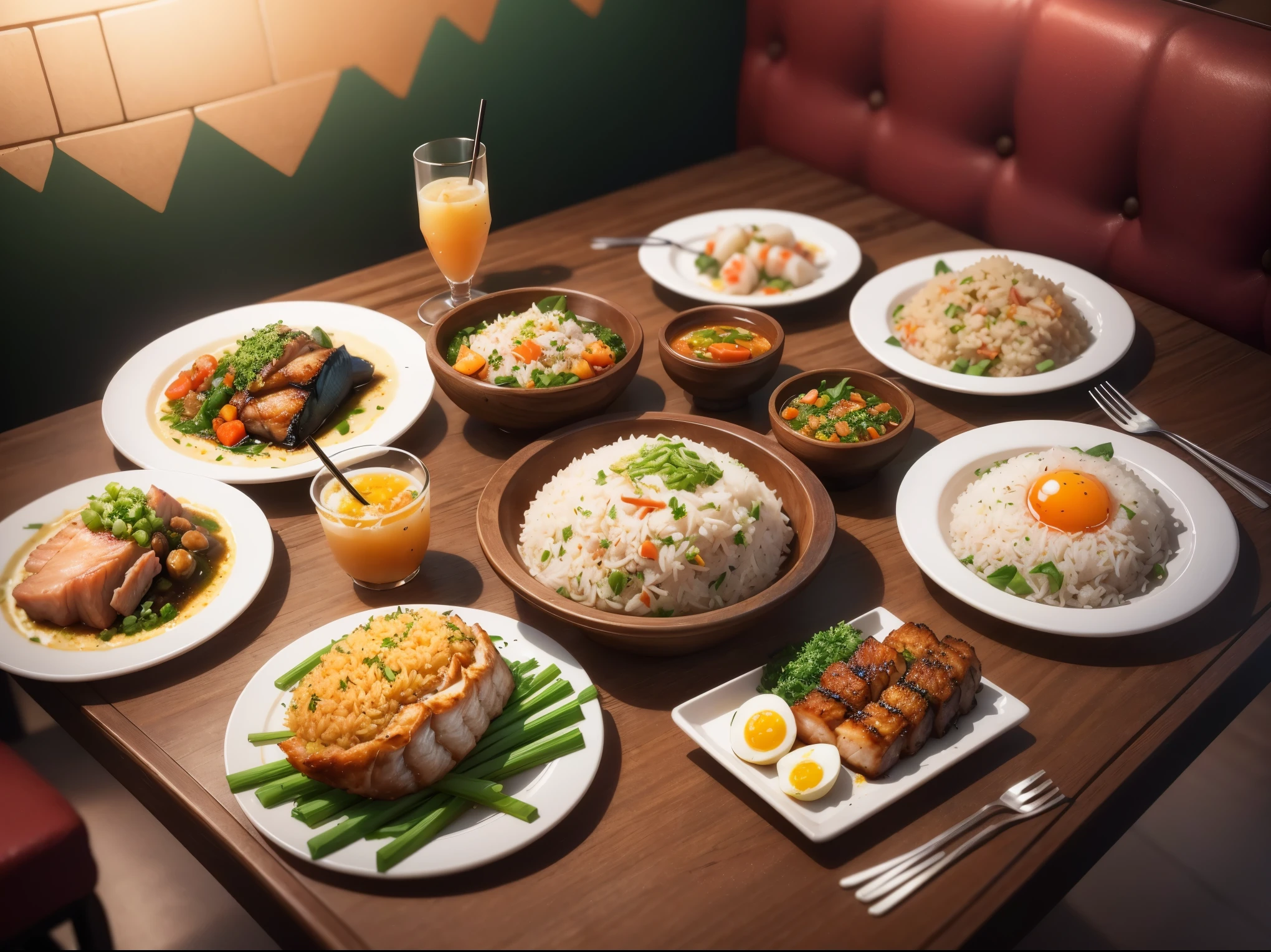 Semi-realistic style, Chinese style, several plates of food on the table, fried rice with green onion and egg, braised pork, steamed fish, glass drink cups, restaurant, low poly, lowpoly, best detail, 3d, masterpiece, best quality, Unreal Engine, 8K