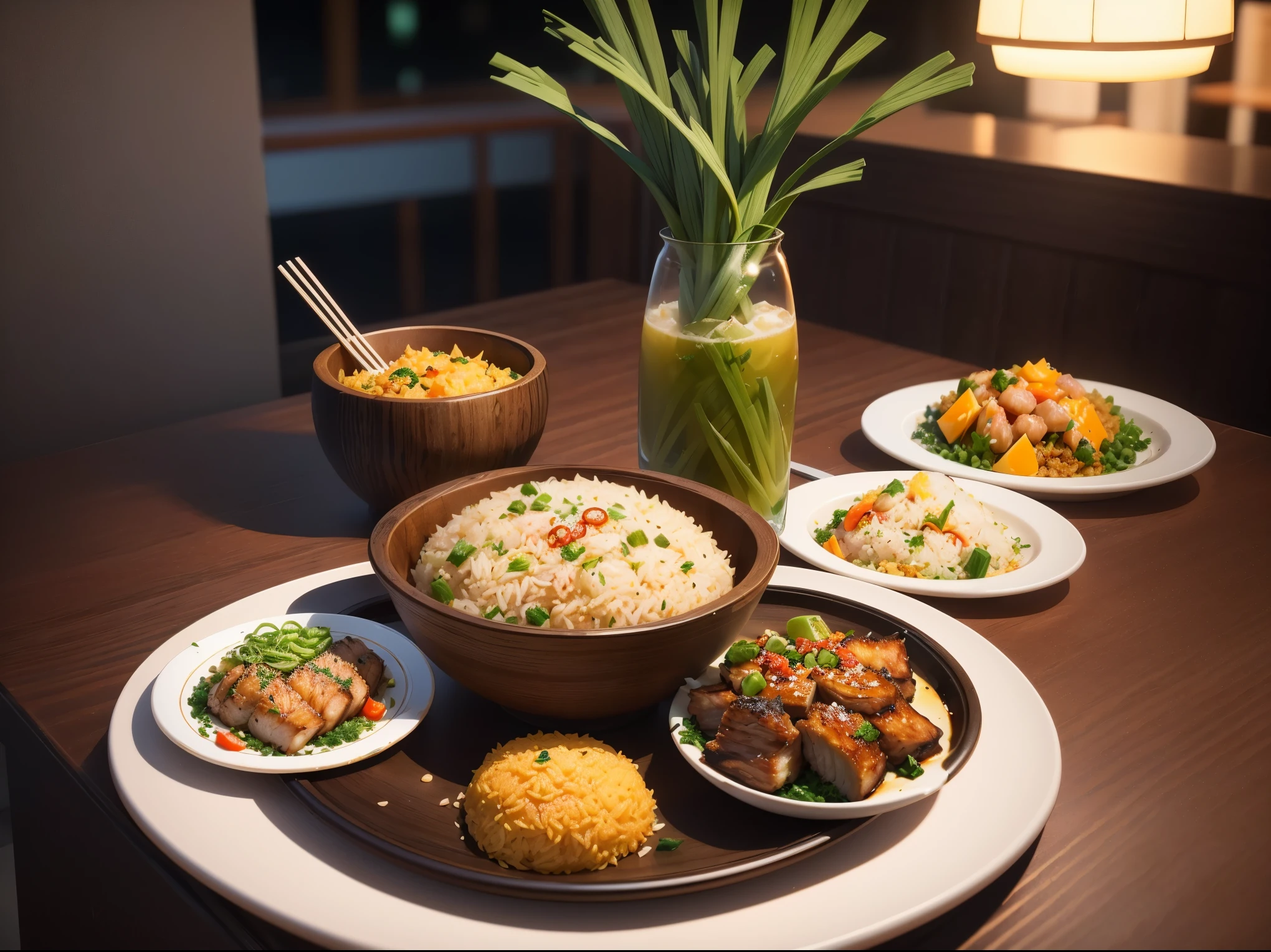 Semi-realistic style, Chinese style, several plates of food on the table, fried rice with green onion and egg, braised pork, steamed fish, glass drink cups, restaurant, low poly, lowpoly, best detail, 3d, masterpiece, best quality, Unreal Engine, 8K
