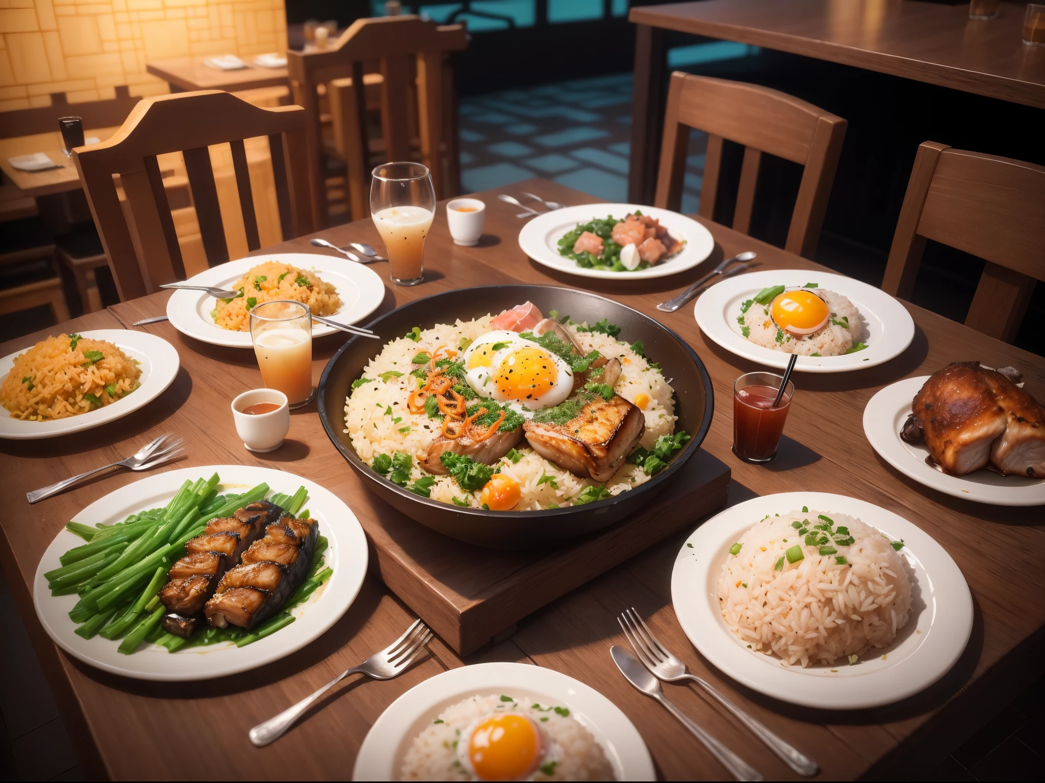 Semi-realistic style, Chinese style, several plates of food on the table, fried rice with green onion and egg, braised pork, steamed fish, glass drink cups, restaurant, low poly, lowpoly, best detail, 3d, masterpiece, best quality, Unreal Engine, 8K