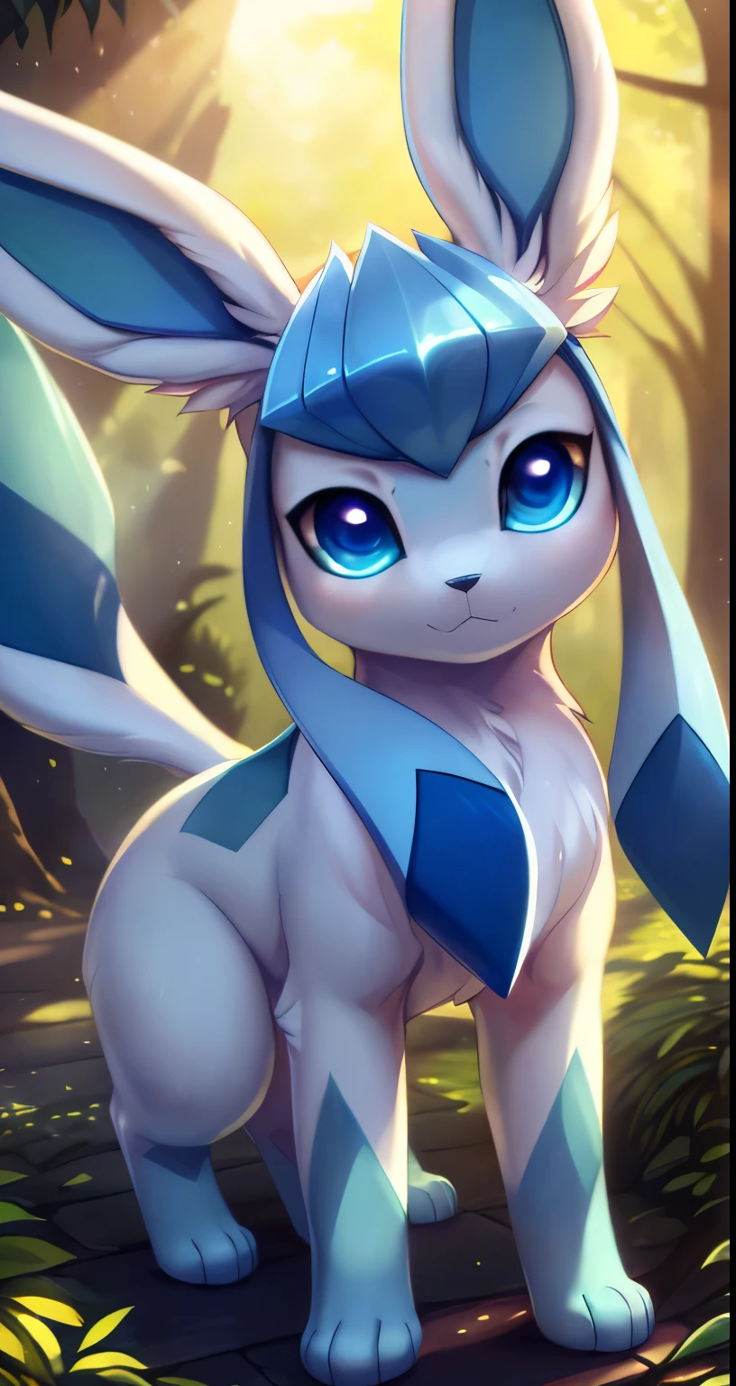 by Issac Levitan, by Rumiko Takahashi, by Ephraim Moses Lilien, by Hioshiru, by Glacierclear, solo chibi, (quadruped feral:1.4), ((Glaceon)), ((indigo body)), ((clear indigo eyes)), (blue dipstick tail), (detailed Glaceon), ((detailed fluffy fur)), (half-length portrait, looking away, front view, [high-angle view]:1.2), (detailed background, depth of field, half body shadow, sunlight, ambient light on the body), (intricate:0.7), (high detail:1.2), (unreal engine:1.3), (soft focus:1.1), (masterpiece, best quality, 4k, 2k, shaded, absurd res)