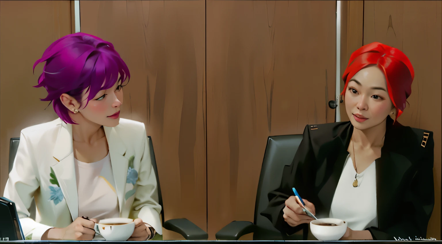 There are two 40-year-old women sitting drinking coffee and talking.