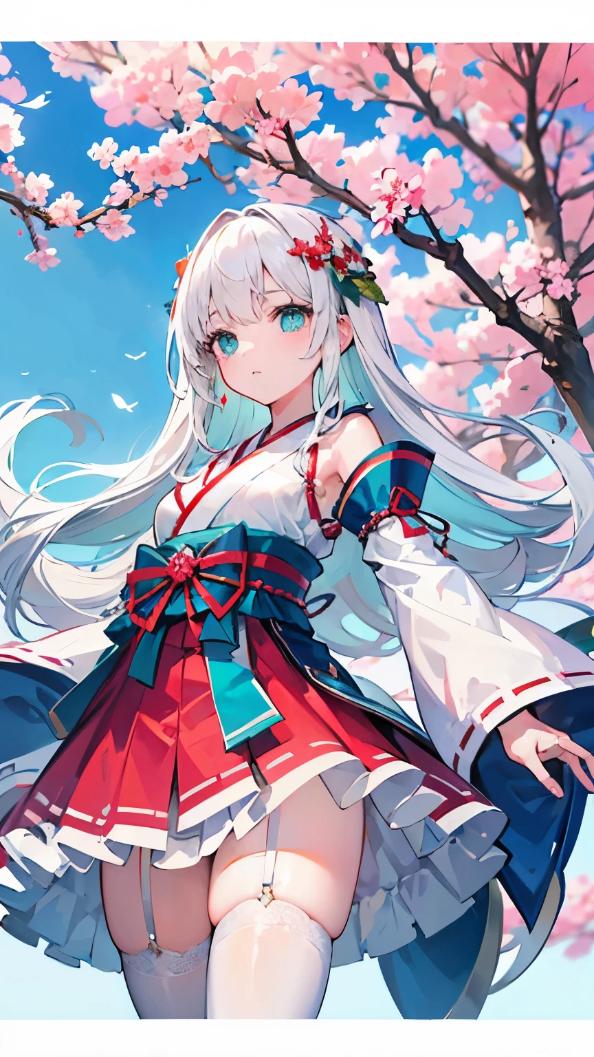 white  hair,Top image quality,one teens girl,​masterpiece,Semi-long hair,,hime-cut,,Glowing face, aqua eyes, white stocking, laces on stocking, ribbons on hair, red-blue sky, sakura trees, sakura leafs on the air, cinematic, detailed, composition, perspective, fantasy japanese clothes, frilly clothes, green plants
