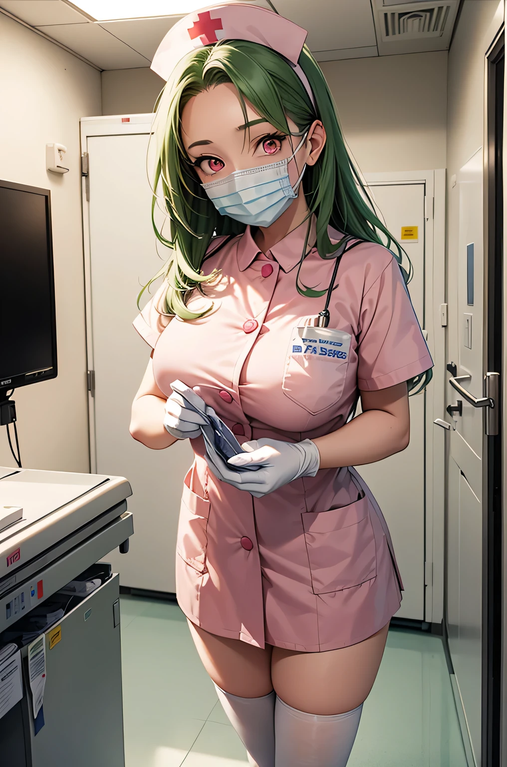 1 female, alone, nurse, nurse cap, White nurse uniform, ((white legwear, zettai ryouiki)), white gloves, amount, long hair, green hair, pink eyes, ((White surgical mask, Covered nose)), Are standing, ((hospital room)), sharp outline, short sleeve, mature woman, 35 years old, highest quality, masterpiece