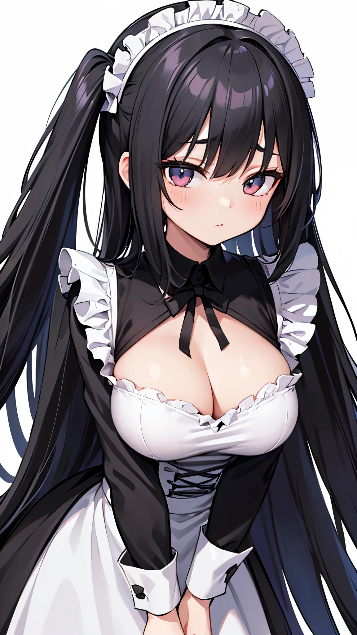 2D Anime Wallpapers，long black hair，girl、maid、Head close-up，big breasts，cleavage，bad eyes、((Take a photo facing the front))、(Face and body face forward:1.5)、((pure white background))
