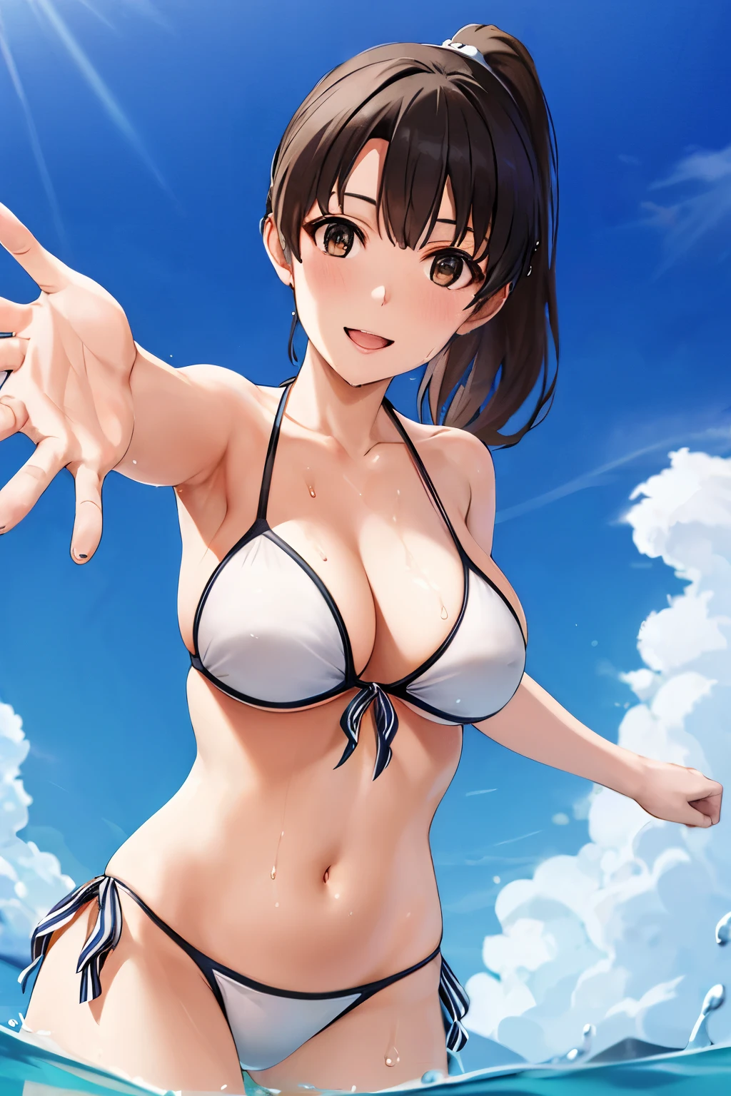masterpiece, highest quality, High resolution, HMKM1, short hair, ponytail, Her white bikini is slightly transparent and you can see her skin., side tie bikini bottom, C cup breasts, partially submerged, Wet, outstretched arm, smile, open your mouth, reach out your hand,