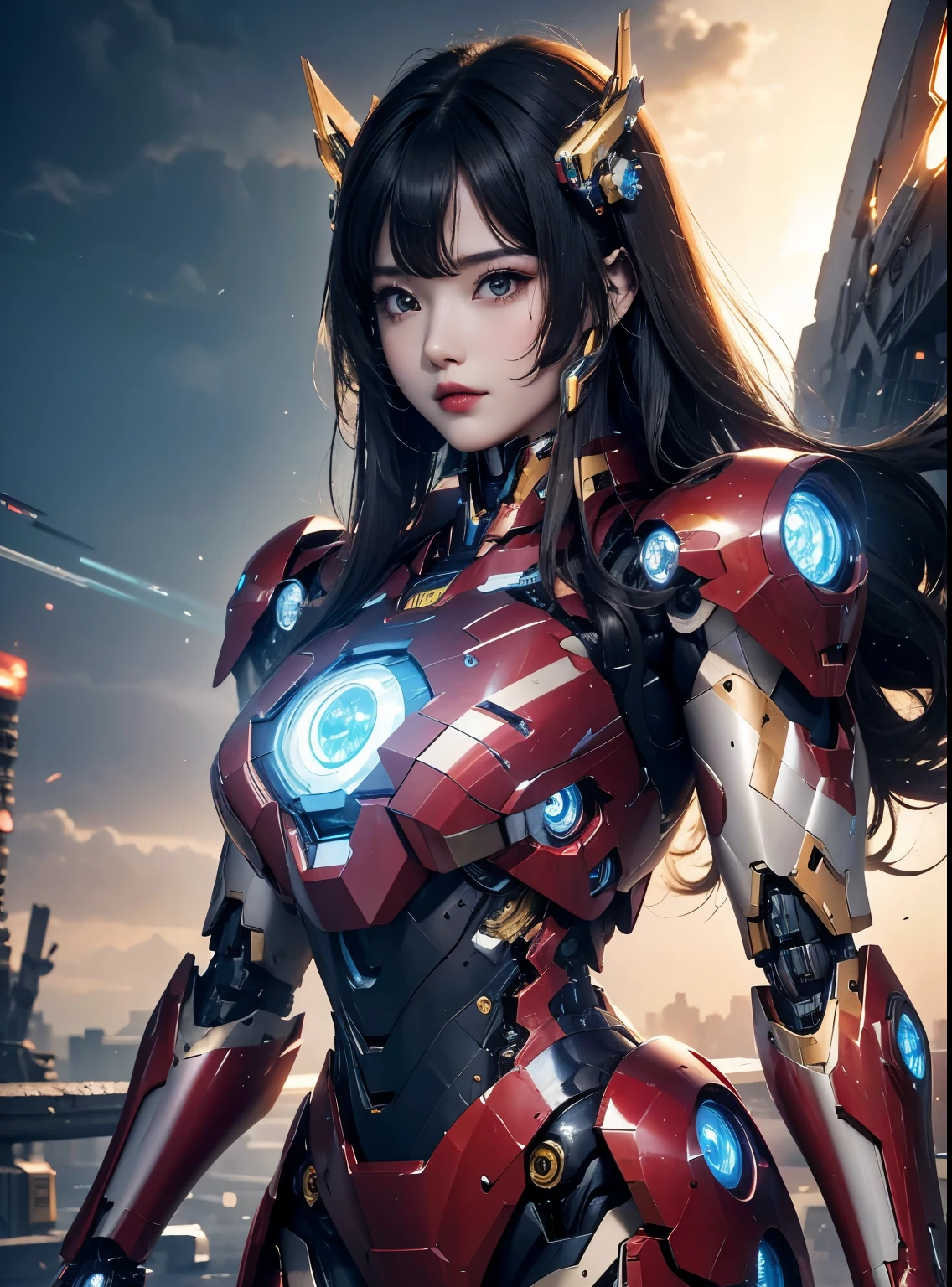 Super detailed, advanced details, high quality, 最high quality, High resolution, 1080P, hard disk, beautiful,(Iron Girl),beautifulサイボーグの女性,Mecha cyborg girl,battle mode,Mecha body girl,She wears an Iron Man mech,full body shot