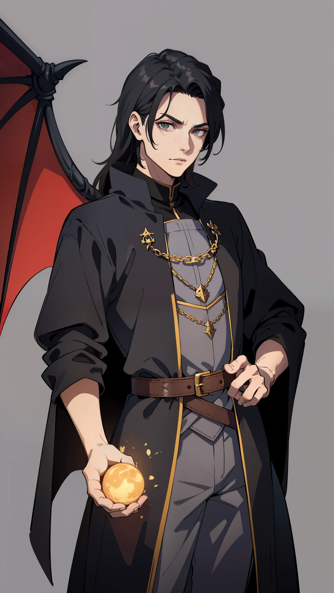 masterpiece, detailed, character, dungeons and dragons character, 1man, human male, ((human Warlock, human demon mage)), (demonic magic), long black hair, handsome face, detailed face, detailed eyes, yellow glowing eyes, ((holding dragon pet, demon pet)), ((cast unformed magic energy made of hellfire in hands:1)), (wearing (medieval evil fantasy cloth apparels, (medieval black noble suit, medieval pants, medieval coat), (medieval Sorcerer fantasy outfit)), ((simple background, grey color background))
