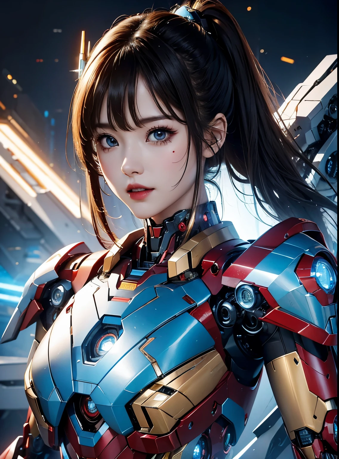  Super detailed, advanced details, high quality, 最high quality, High resolution, 1080P, hard disk, beautiful,(Iron Girl),beautifulサイボーグの女性,Mecha cyborg girl,battle mode,Mecha body girl,She wears an Iron Man mech,full body shot