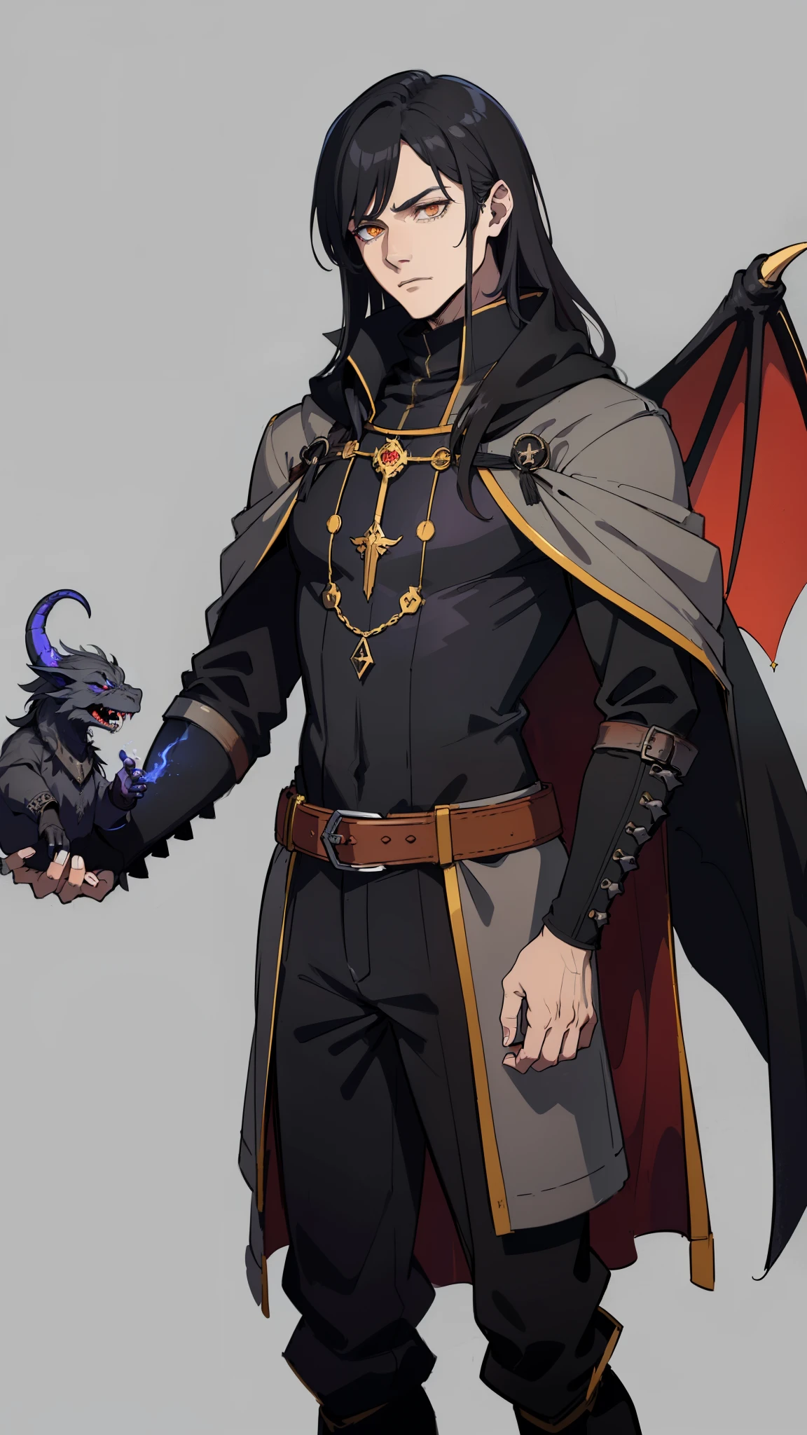 masterpiece, detailed, character, dungeons and dragons character, 1man, human male, ((human Warlock, human demon mage)), (demonic magic), long black hair, handsome face, detailed face, detailed eyes, yellow glowing eyes, ((holding dragon pet, demon pet)), ((cast unformed magic energy made of hellfire in hands:1)), (wearing (medieval evil fantasy cloth apparels, (medieval black noble suit, medieval pants, medieval coat), (medieval Sorcerer fantasy outfit)), ((simple background, grey color background))