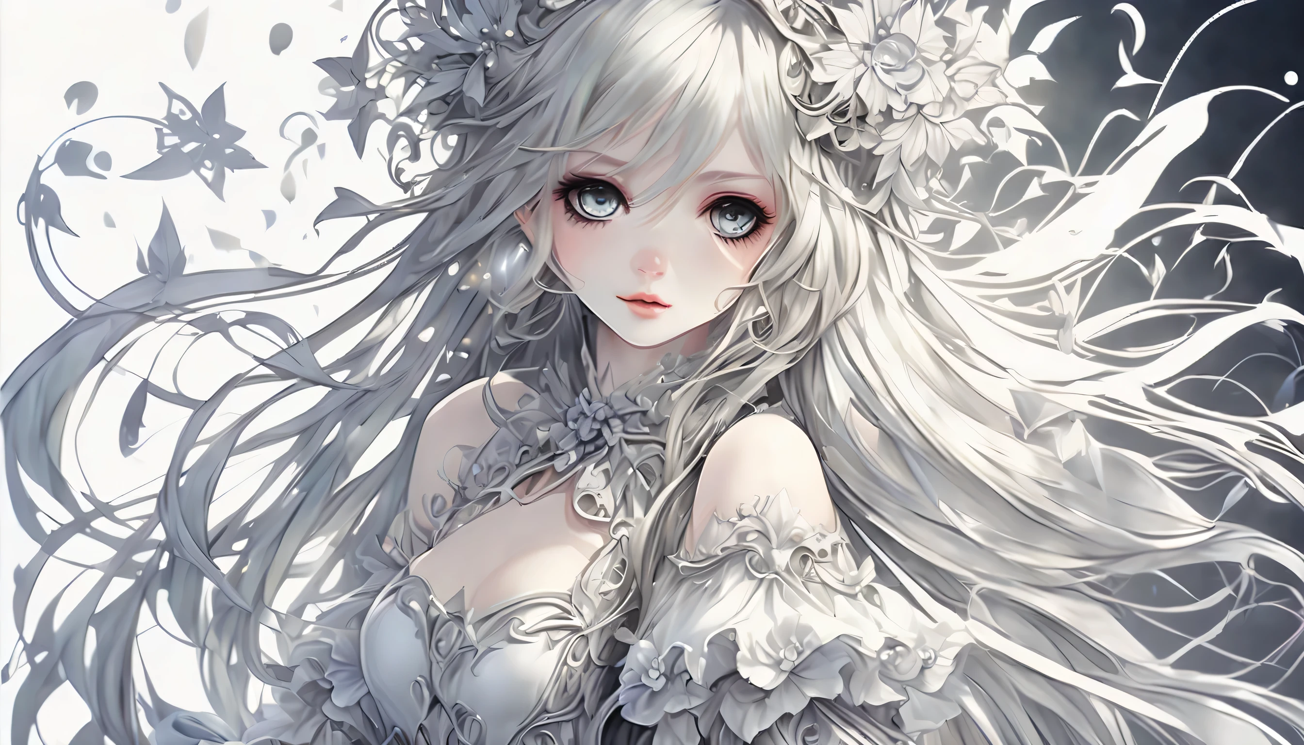 Dark fantasy magical girl coolness, Shaggy long hair with light gradation, Big eyes with beautiful details and a subtle sparkle, white cute ribbon, Beautiful detail face and hair, smooth and flawless Skin, Inspired by dark fantasy、Magical dress with intricate details, (((Raise an elaborately decorated wand with dark magic.:1.2))), Mysterious fog splash art around, bevel angle, realistic, intricate details, stunningly detailed brush strokes, Amazing beautiful sparkle background, highest quality, highest quality, High resolution, Beautiful detail shine, 8K, Holographic 32K rendering, (Multi-touch illustration with delicate and precise brush strokes:1.1),
