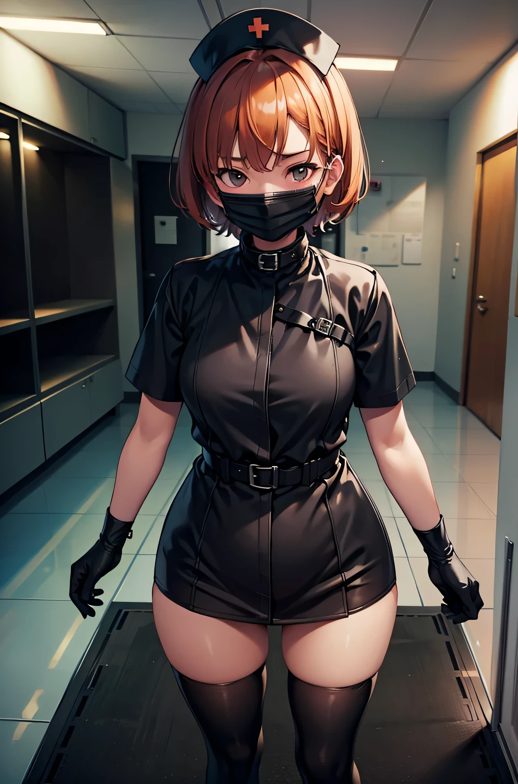 black nurse, 1 girl, alone, black nurse cap, Black Wear, ((black legwear, zettai ryouiki)), black elbow gloves, very short hair, orange hair, ((Black surgical mask, Covered nose)), Are standing, ((operating room)), sharp outline, short sleeve, Tomboy, boyish, highest quality, masterpiece