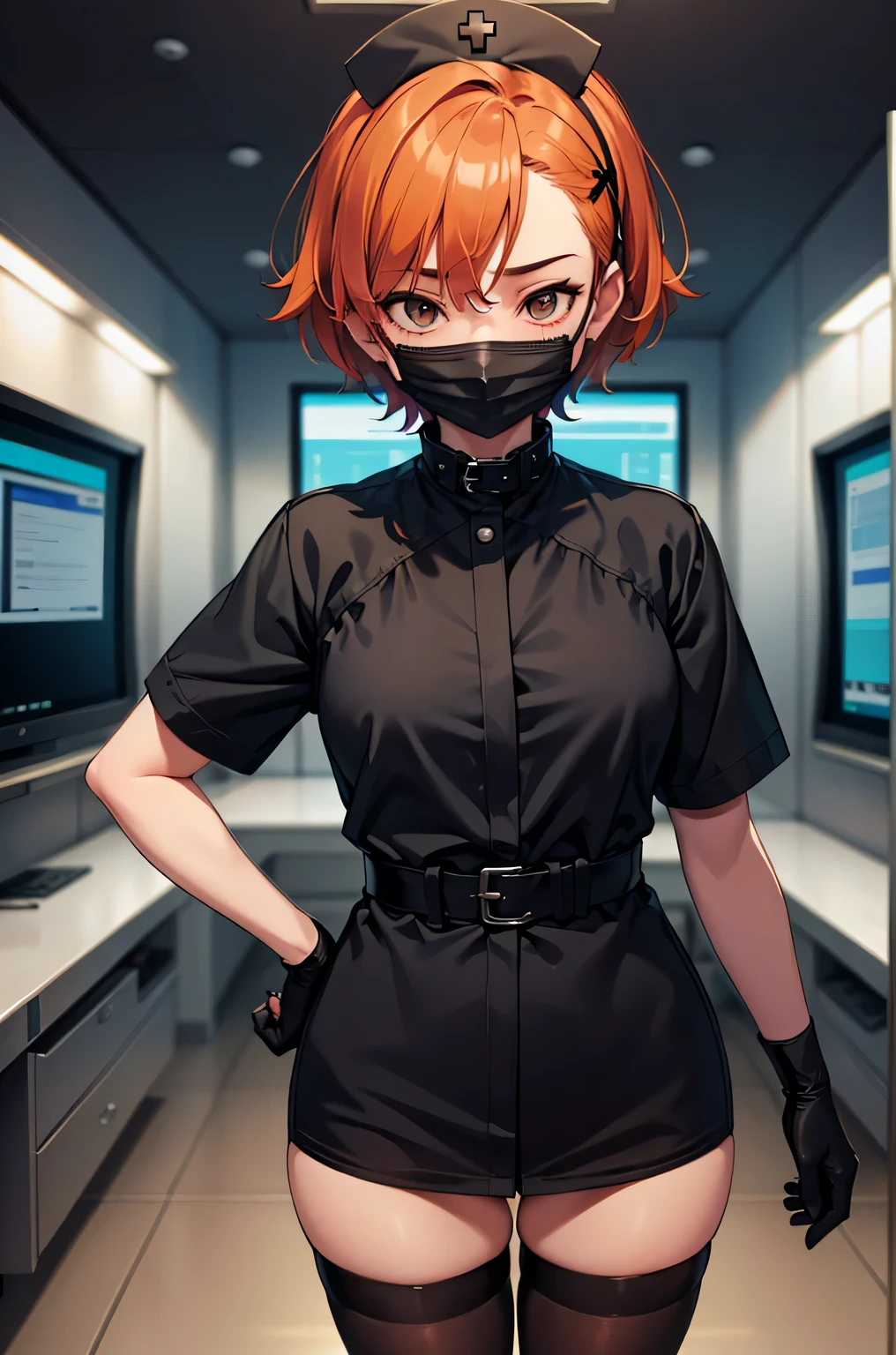 black nurse, 1 girl, alone, black nurse cap, Black Wear, ((black legwear, zettai ryouiki)), black elbow gloves, very short hair, orange hair, ((Black surgical mask, Covered nose)), Are standing, ((operating room)), sharp outline, short sleeve, Tomboy, boyish, highest quality, masterpiece